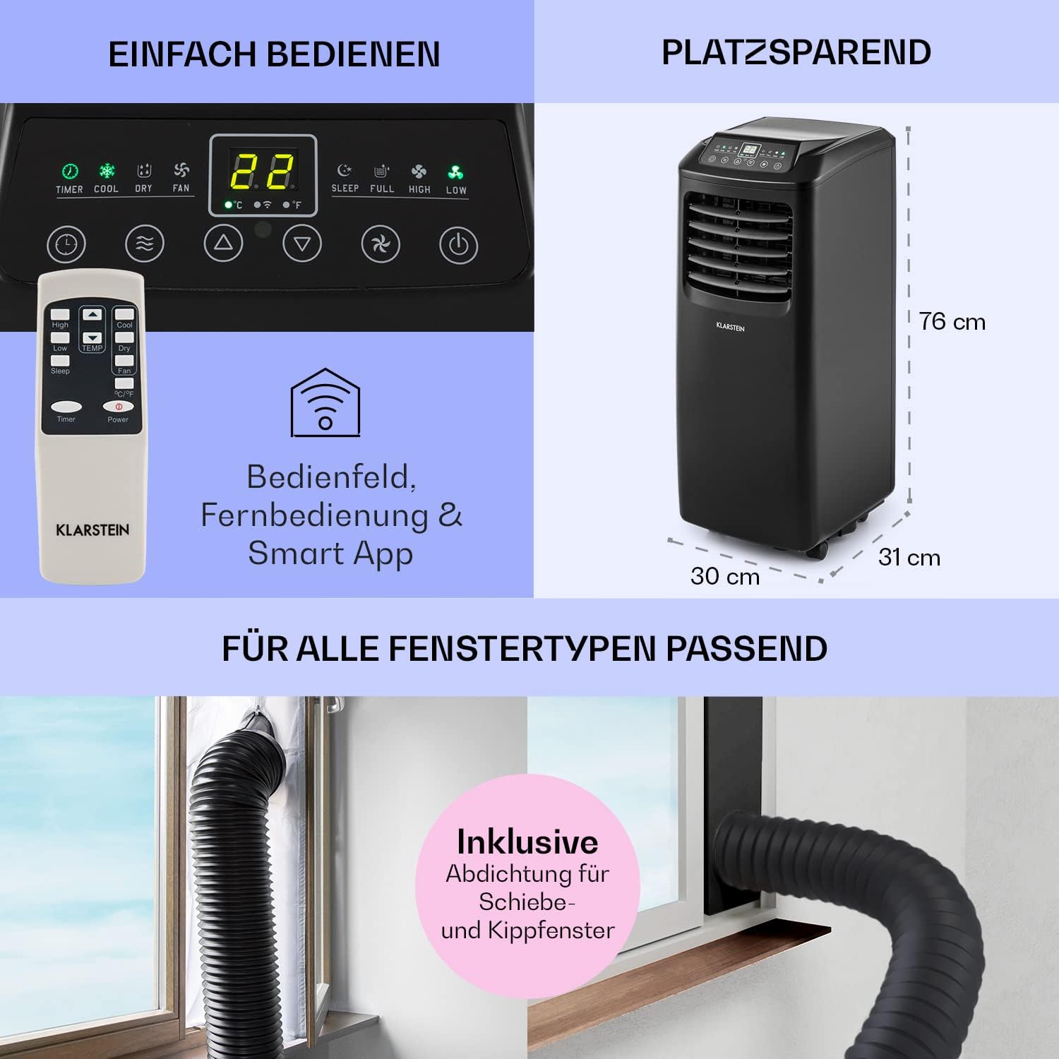 Klarstein Klimaanlage, 4-in-1 Klimagerät, Entfeuchter, Ventilator & Nachtmodus, Mobile Klimaanlage mit Abluftschlauch, App-Steuerung, Air Conditioner für Räume bis 44 m², 9000 BTU, Weiß