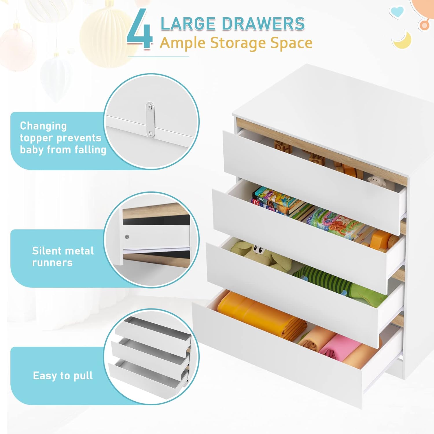 WOLTU Wickelkommode mit abnehmbarer Wickelaufsatz, Wickeltisch Baby, Wickelregal, Kommode mit 4 Schubladen, Höhe 110 cm, Weiß + Hochglanz Weiß