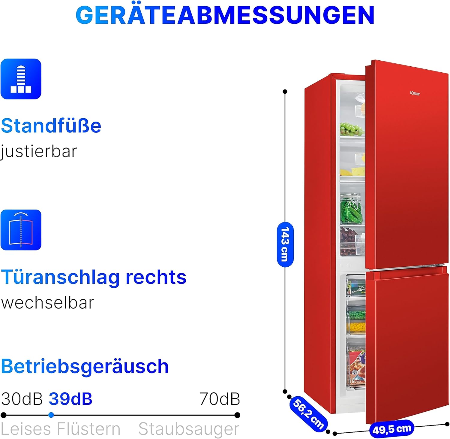 Bomann Fridge-Freezer KG 320.2, 143 cm High, Fridge-Freezer with 175 Litre Capacity, 3 Shelves and 3 Drawers, Door Stop Replaceable, Quiet Fridge-Freezer 39 dB, Black