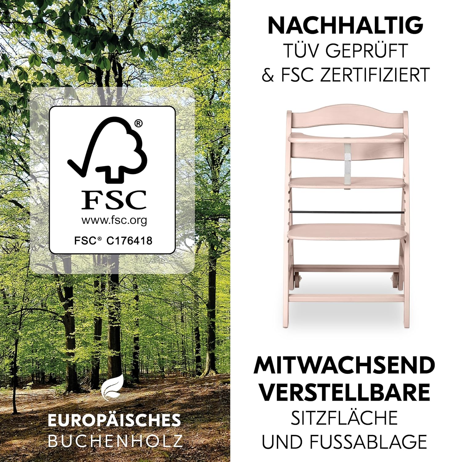 hauck Hochstuhl Beta+ Newborn Set Eco Bouncer - mitwachsender Holz Babyhochstuhl ab Geburt, inkl. Neugeborenenaufsatz, Sitzpolster und Essbrett - Dark Grey