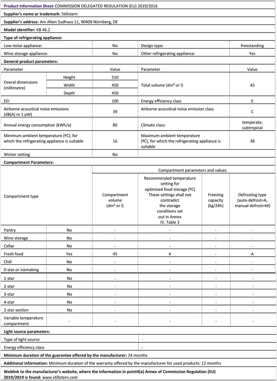 Stillstern Mini Kühlschrank E 45L mit Abtauautomatik, Schloss, Frostfach, Leise, Ideal für Küche, Büro, Schlafzimmer, Hotels und kleine Wohnungen Kühlschrank klein Minibar Getränkekühlschrank