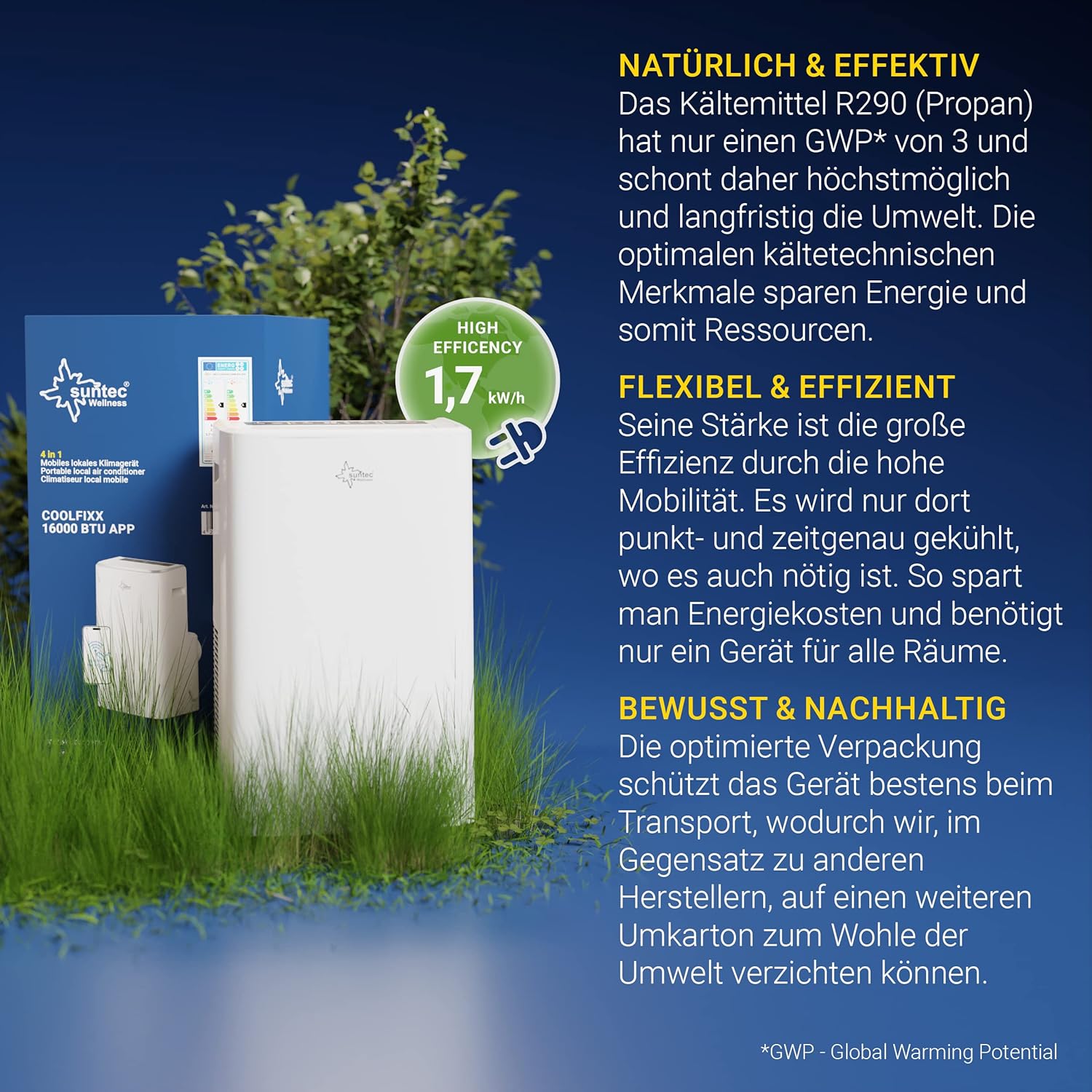 SUNTEC Mobiles Klimagerät Impuls 2.6 Eco R290 – Klimaanlage mobil und leise mit Abluftschlauch – Kühler & Entfeuchter für Räume bis 34 qm – Mobile Kühlung für Wohnung & Büro – 9.000 BTU | 2600 Watt