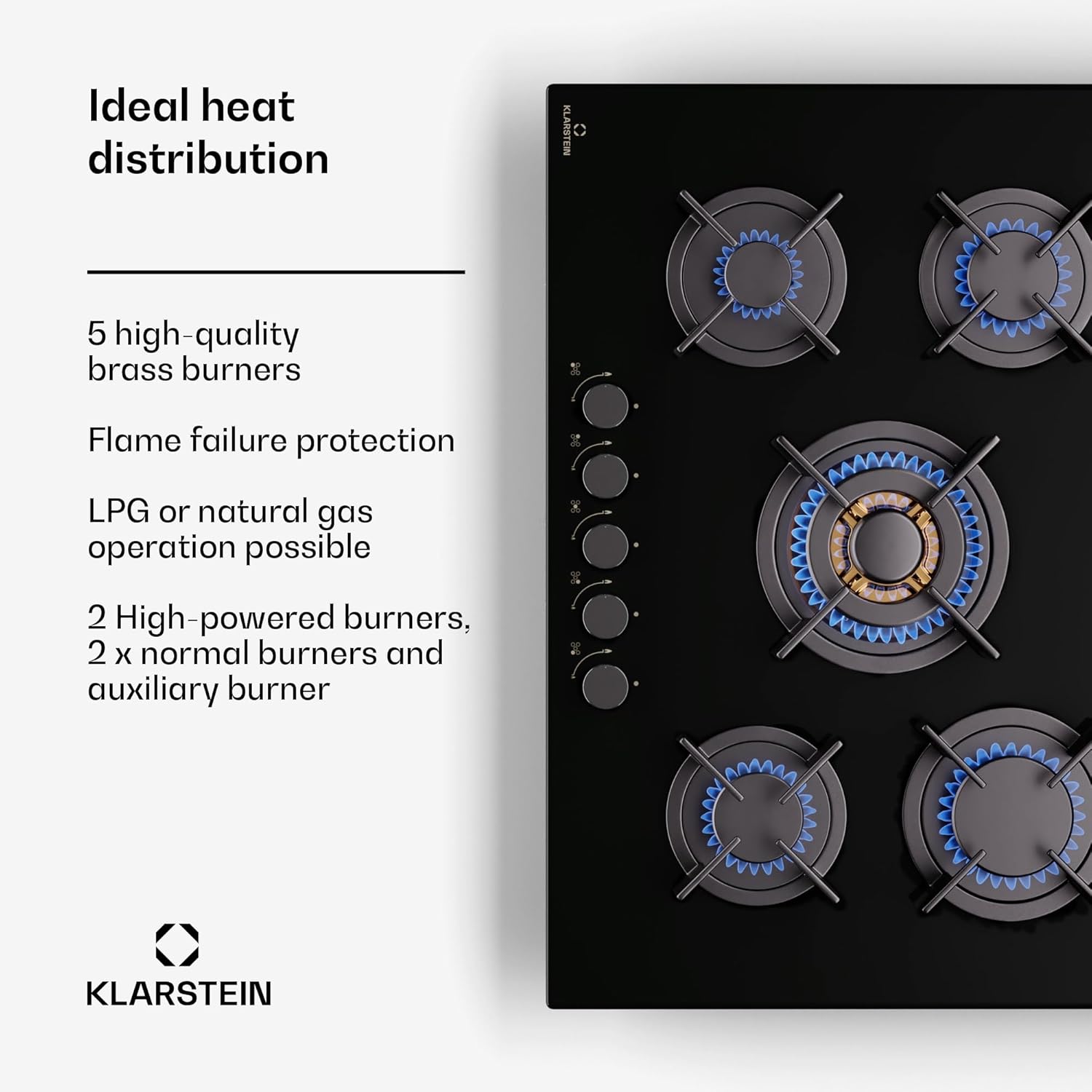 Klarstein Gasherd, Gaskochfeld 5 Flammen, Einbau-Gaskocher für Zuhause & Wohnmobil, Campingkocher mit Glasplatte, Gasherd für Propan- und Erdgas, Edelstahl Gas-Herdplatte Wok Brenner 10400 Watt