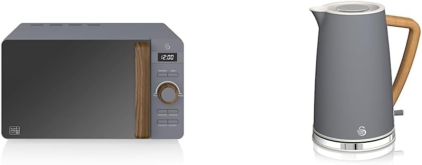 Swan Nordic Digitale Mikrowelle 20 l, 6 Betriebsstufen, 800 W Leistung, 30 Minuten Timer, einfache Reinigung, Auftau-Modus, modernes Design, Holz-Effekt, grau matt