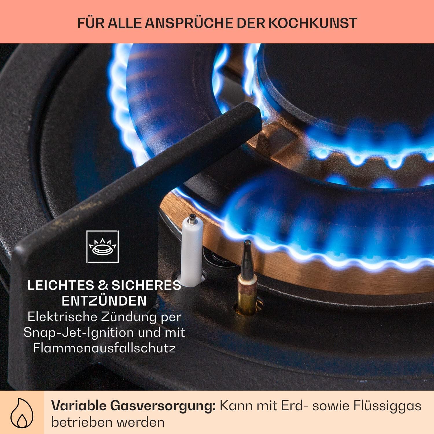 Klarstein Gasherd, Gaskochfeld 4 Flammig, Einbau-Gaskocher für Zuhause & Wohnmobil, Campingkocher mit Glasplatte, Gasherd für Propan- und Erdgas, Edelstahl Gas-Herdplatte Wok Brenner 8000 Watt