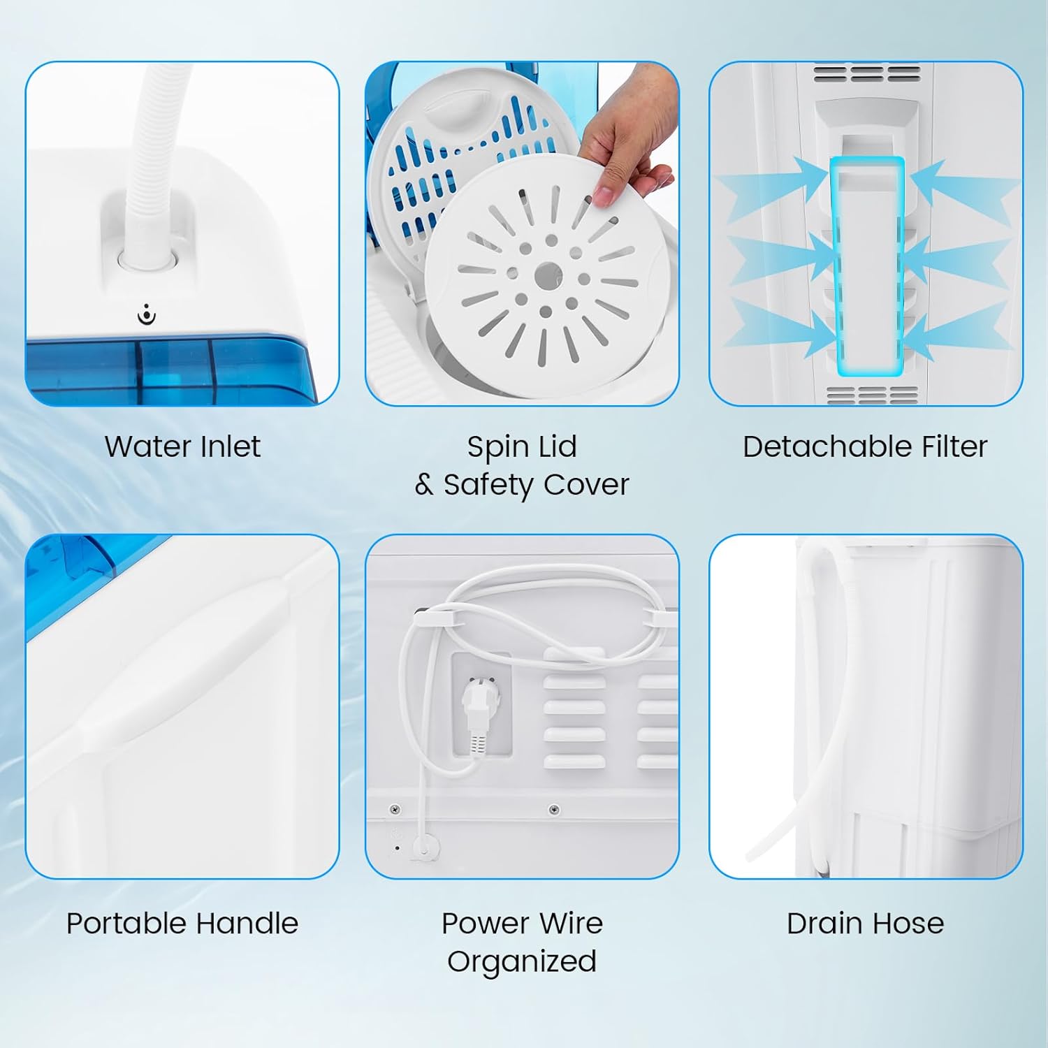 RELAX4LIFE Waschmaschine mit 2 Kammern, Waschautomat mit Schleuder & Doppelmotor & Ablaufpumpe & Timer, 6,5Kg Waschkapazität & 2Kg Schleuderkapazität, Toploader Waschmaschine für Zuhause (Blau)