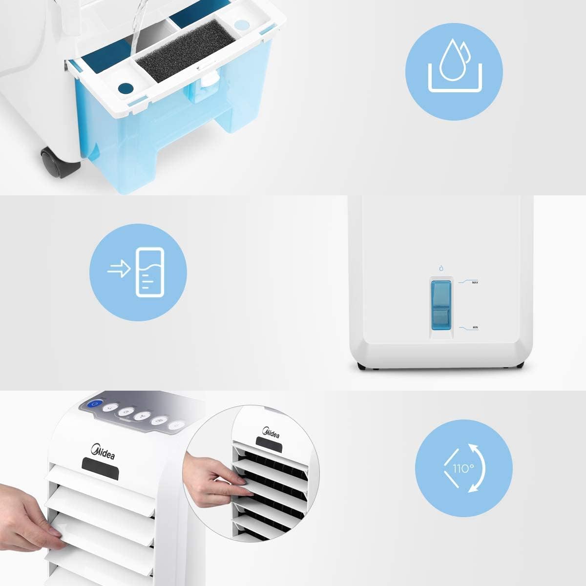 Midea Luftkühler mit Wasserkühlung, Klimaanlage Mobil, Ventilator mit 5L Wasserkühlung, Luftbefeuchter und Ionisation, Klimaanlage Ohne Abluftschlauch, 355m³/h, Ventilator mit Fernbedienung,55W,Weiß