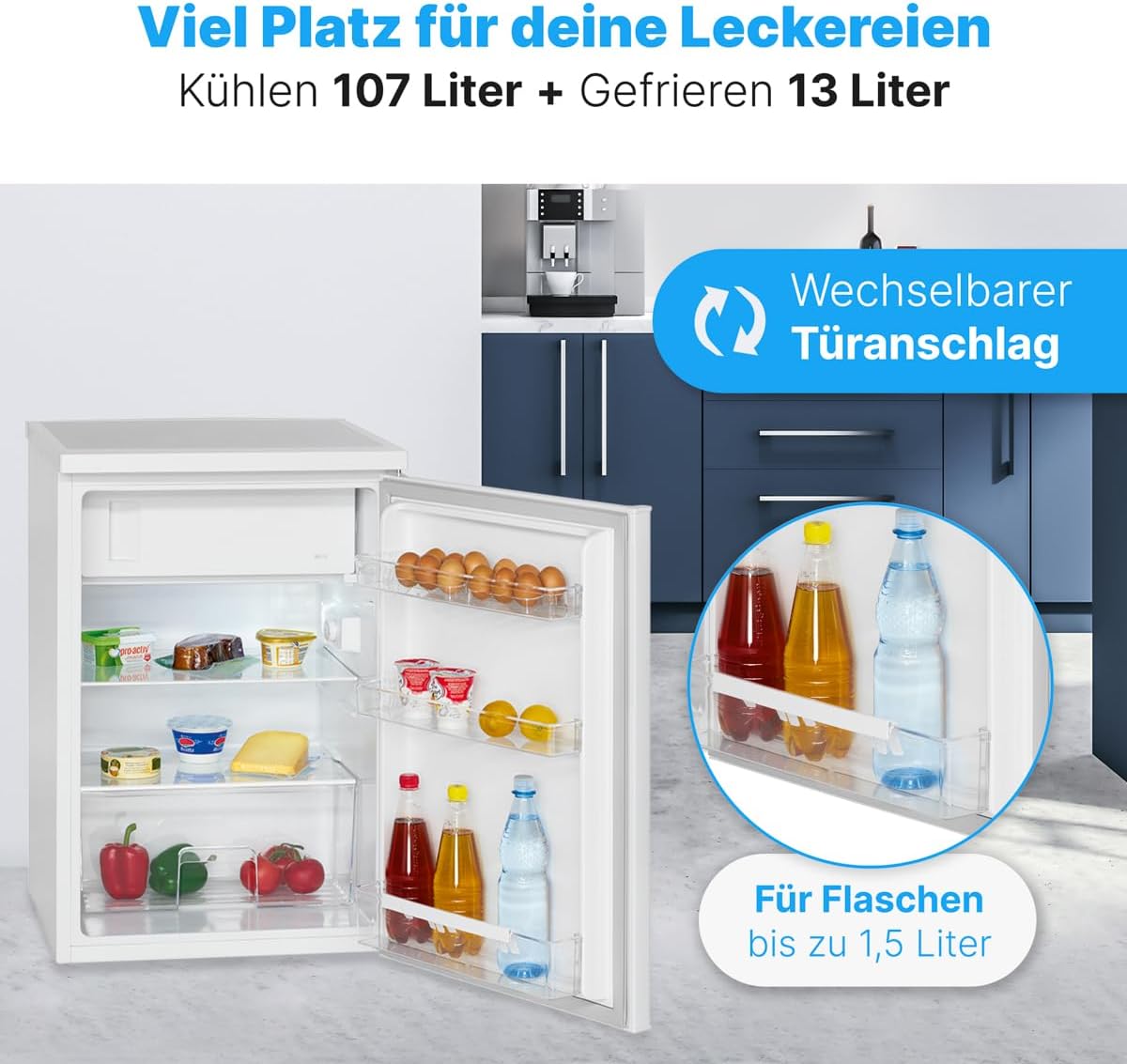 Bomann® Kühlschrank mit Gefrierfach | Kühlschrank klein mit 120L Nutzinhalt | Kühlen 107L & Gefrieren 13L | Fridge mit 3 Türablagen & 2 Glasablagen | wechselbarer Türanschlag | KS 2184.1 inox