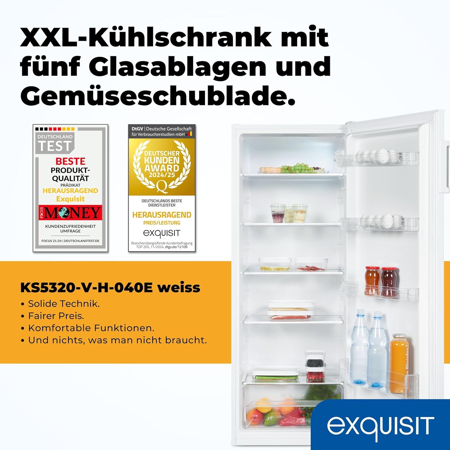 Exquisit Kühlschrank ohne Gefrierfach, Großer Kühlschrank, 5 Ablagen, 242 Liter, Vollraumkühlschrank 143 cm hoch, KS5320-V-H-040E weiss