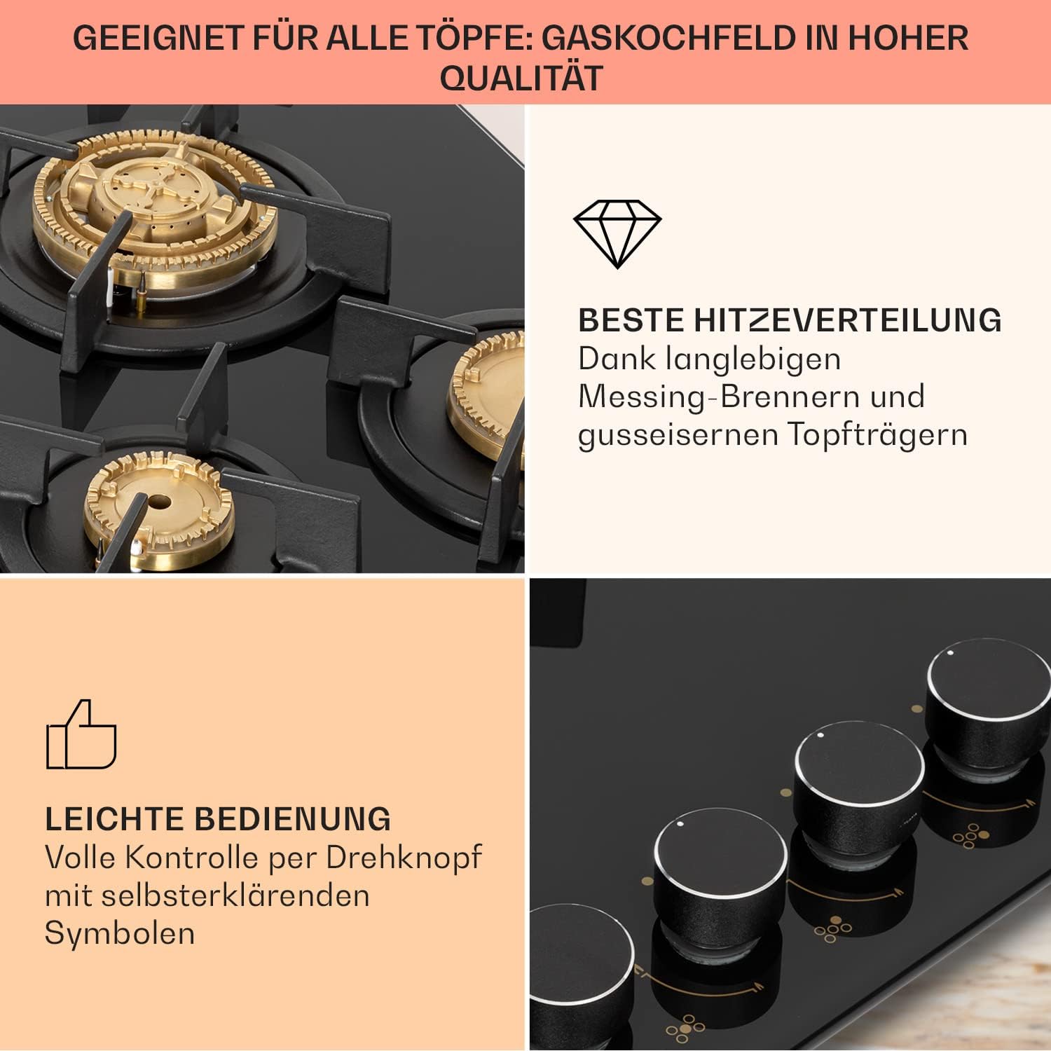 Klarstein Gasherd, Gaskochfeld 5 Flammen, Einbau-Gaskocher für Zuhause & Wohnmobil, Campingkocher mit Glasplatte, Gasherd für Propan- und Erdgas, Edelstahl Gas-Herdplatte Wok Brenner 10400 Watt