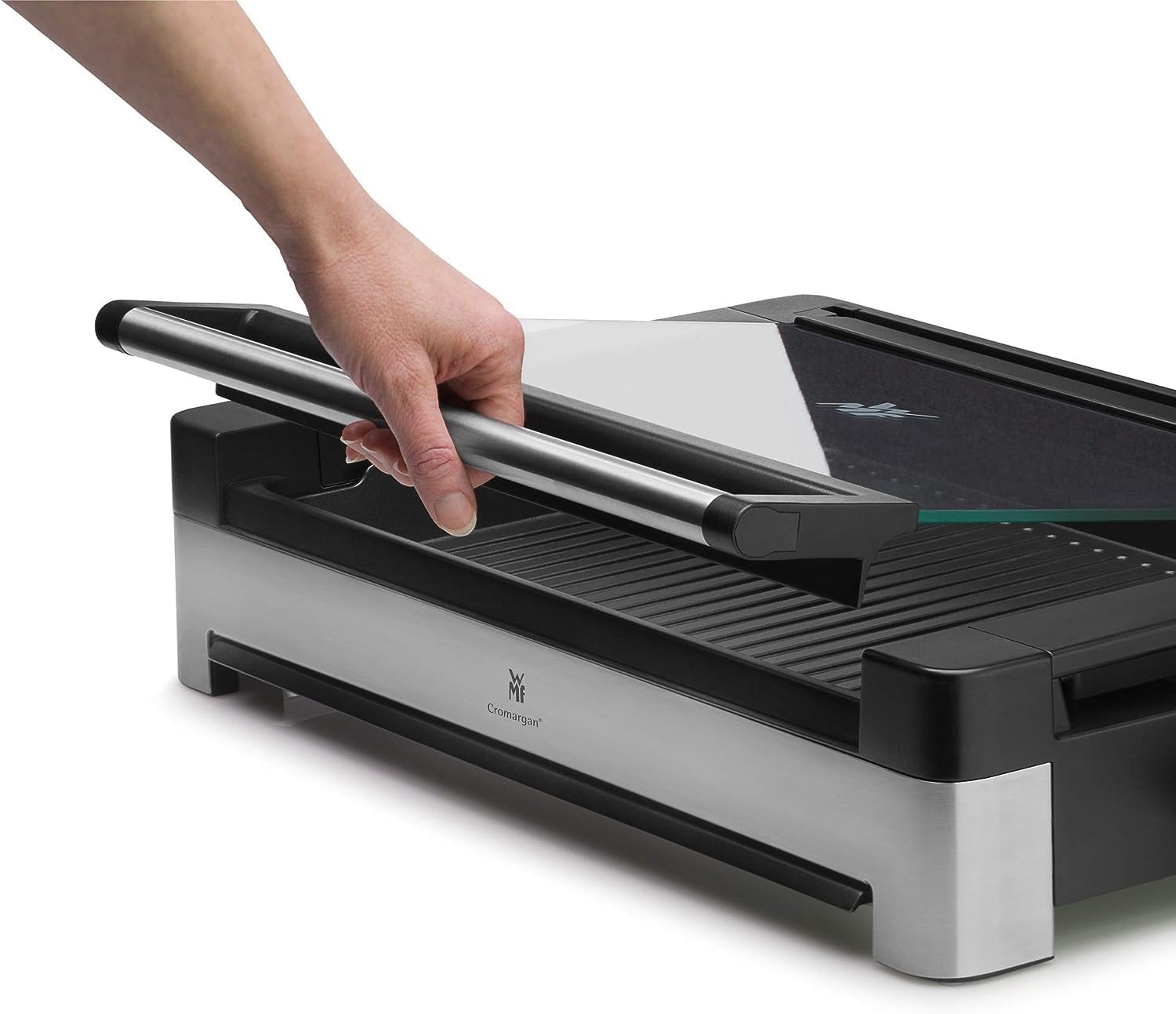 WMF Lono Tischgrill elektrisch mit Glasdeckel, beschichtete Grillplatte, herausnehmbare Auffangschale, spülmaschinenfest, Edelstahl matt, 2200 Watt