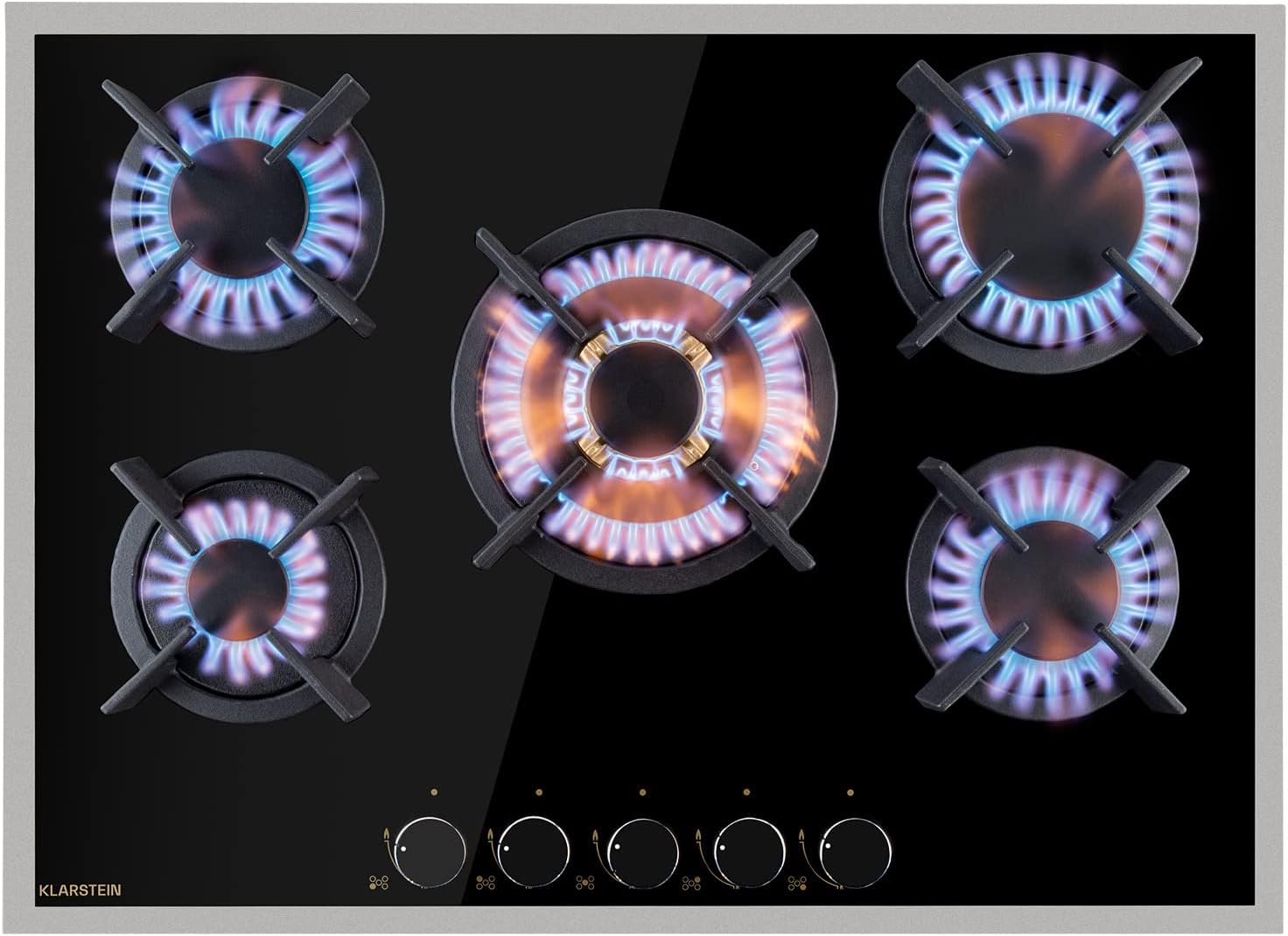 Klarstein Gasherd, Gaskochfeld 5 Flammen, Einbau-Gaskocher für Zuhause & Wohnmobil, Campingkocher mit Glasplatte, Gasherd für Propan- und Erdgas, Edelstahl Gas-Herdplatte Wok Brenner 10400 Watt