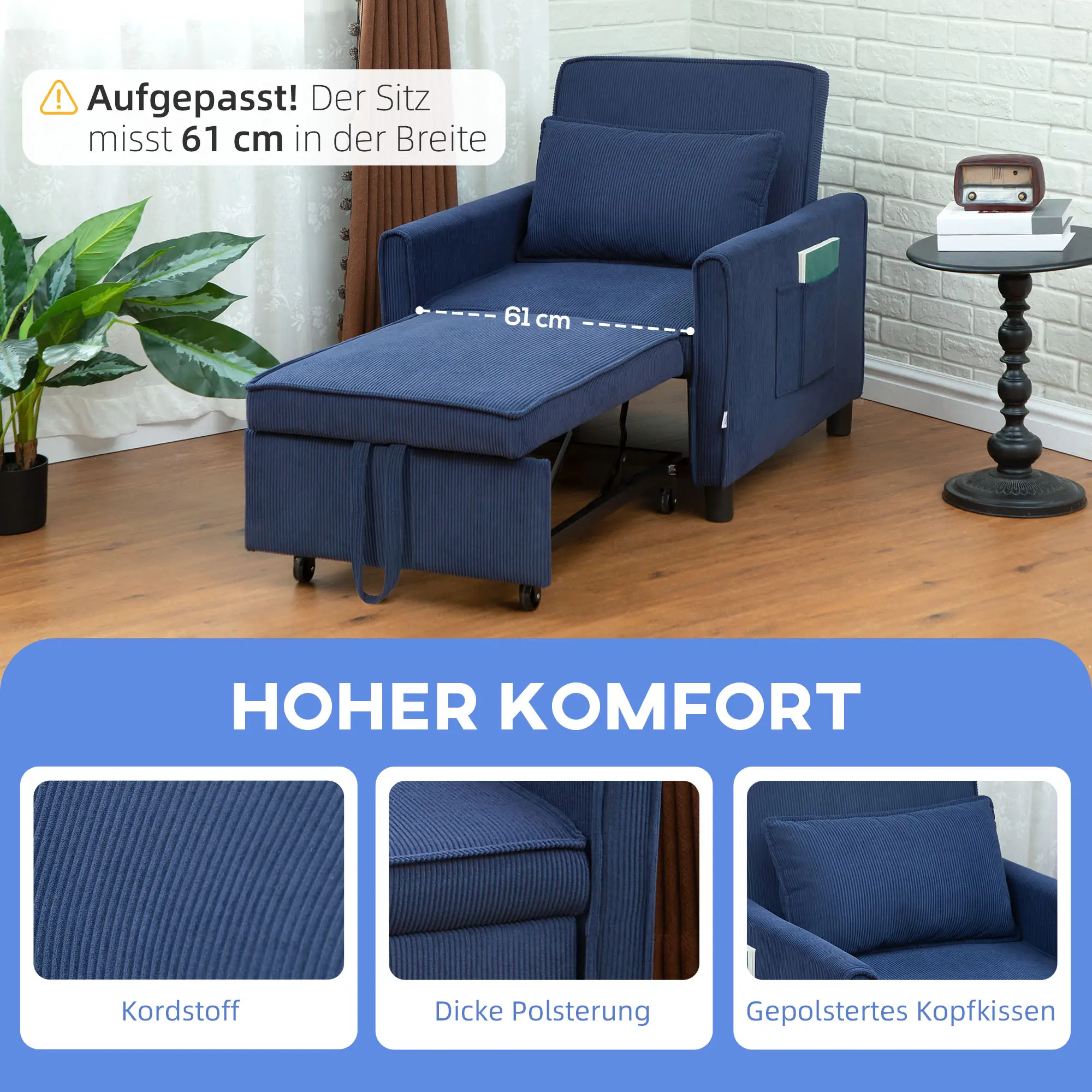 HOMCOM Schlafsessel Klappbett 3in1 verstellbar mit Rollen Blau