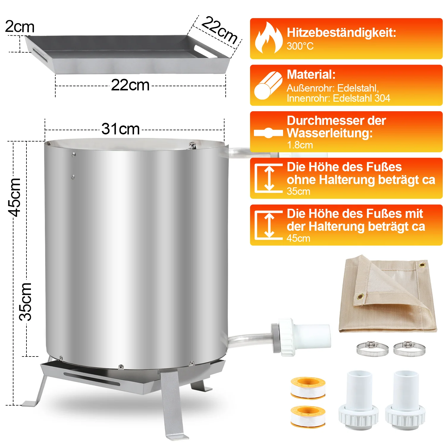 Sonnewelt Poolheizung Feuertonne mit Heizspirale Edelstahl