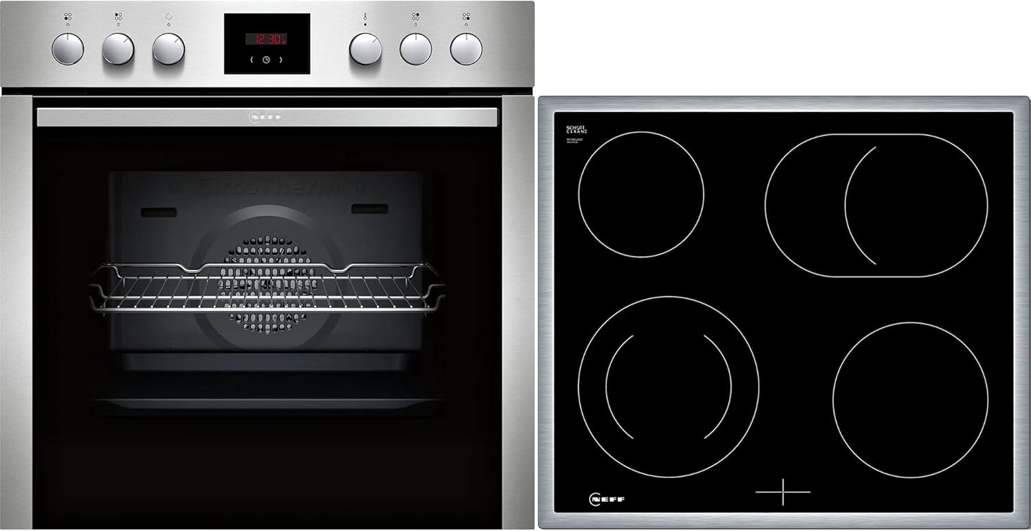 NEFF EDX442, Set bestehend aus E1ECD0AN0, N 30, Einbauherd mit CircoTherm, 60 x 60 cm, Edelstahl und M13R42N2, N 50, herdgesteuertes Elektrokochfeld, 60 cm, Schwarz, mit Rahmen aufliegend