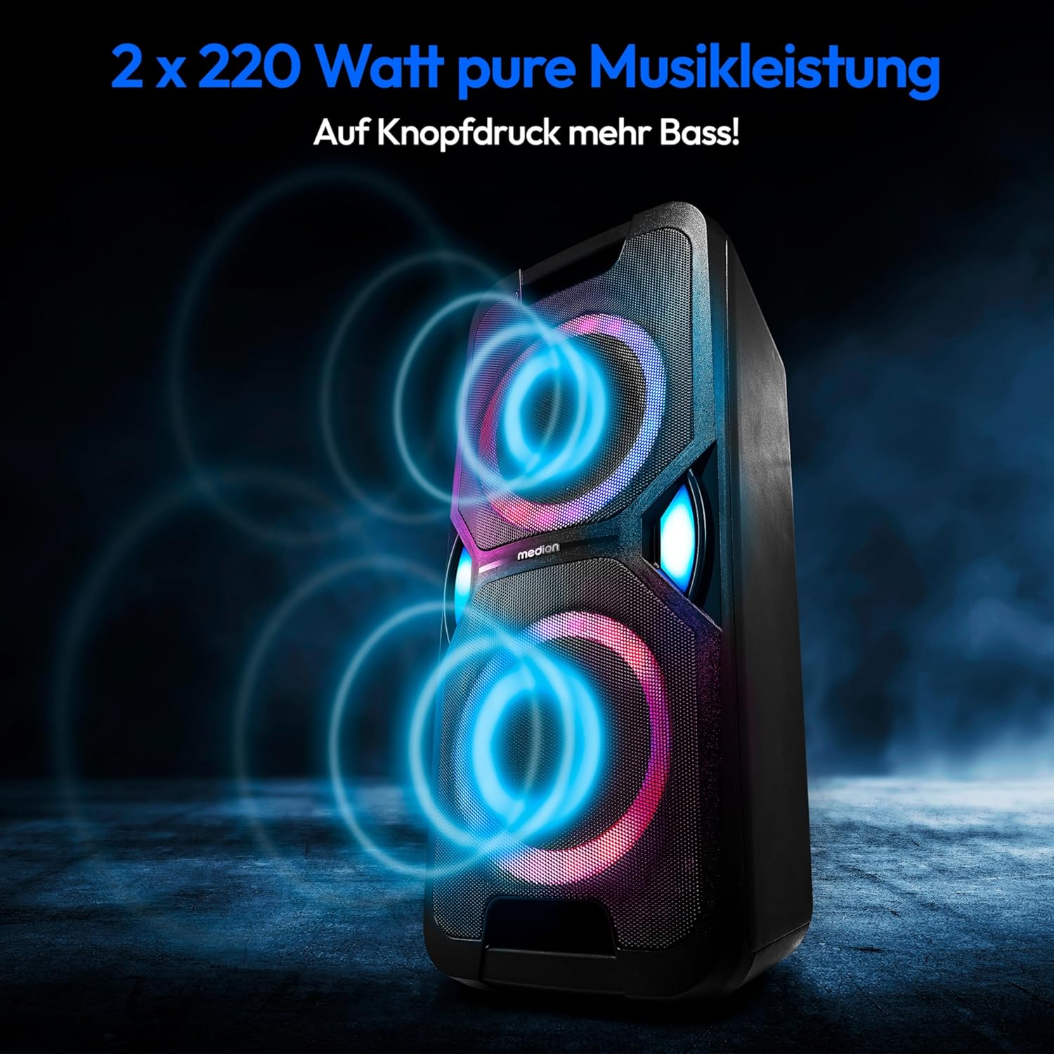 MEDION P61468 Party-Soundsystem (Partylautsprecher inkl. Mikrofon, Karaoke, Akku, UKW Radio, Bluetooth 5.0, Kompaktanlage, 2X 220 Watt, Farbige LED, USB, AUX, 2X Mikrofonanschluss)