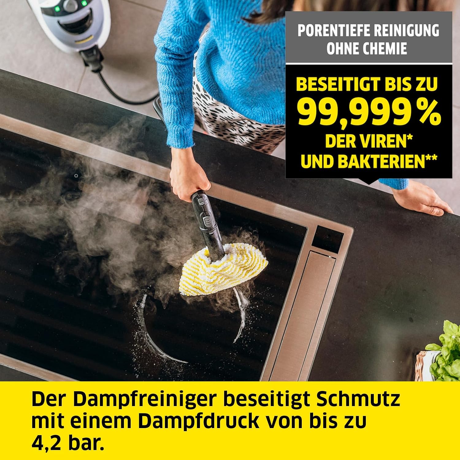 Krcher Dampfreiniger SC 5 EasyFix Iron Plug mit Heiwasser-Zuschaltung, Dampfdruck: 4,2 bar, Aufheizzeit: 3 min., Flche: ca. 150 m, Tank: 0,5 l + 1,5 l, Bodenreinigungsset EasyFix und Düsen