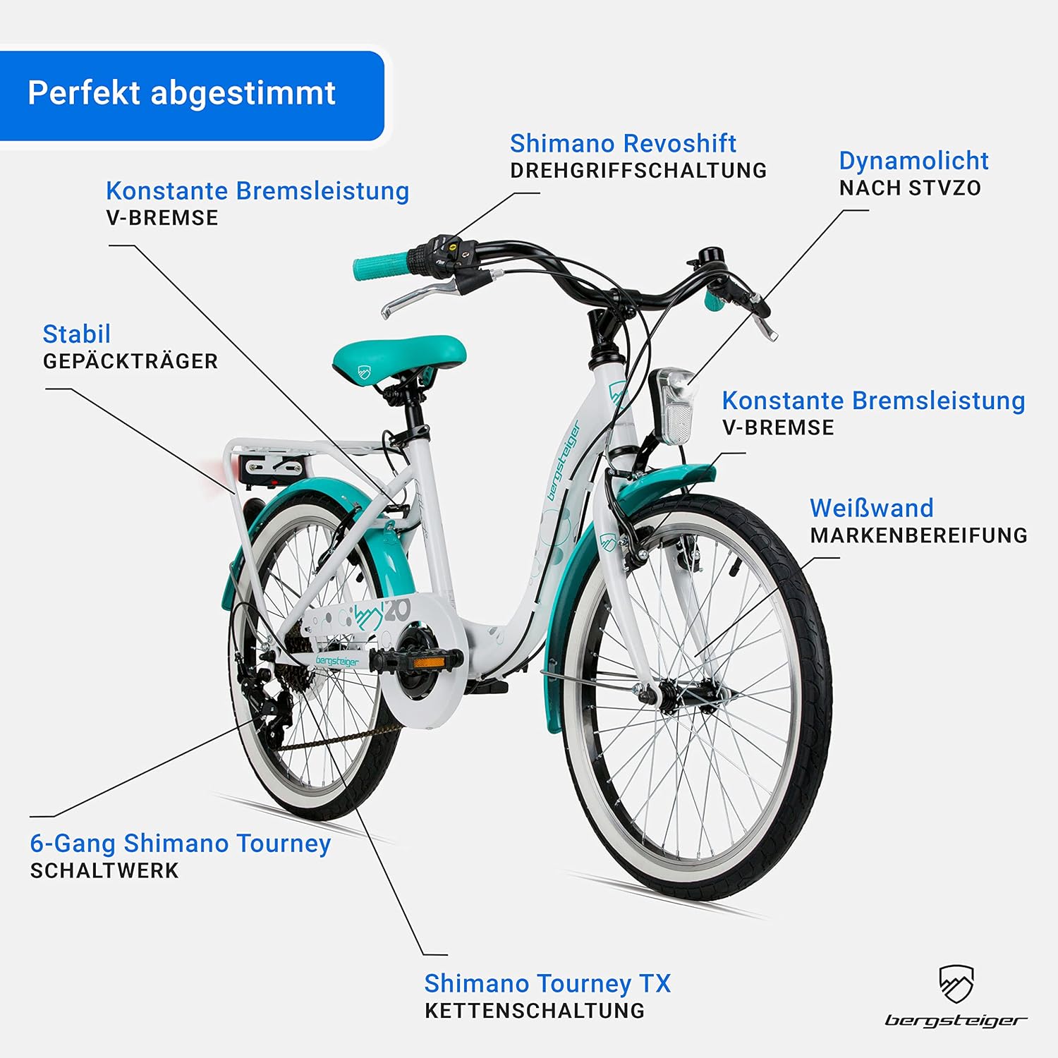 Bergsteiger Atlantis 20, 24 Zoll Kinderfahrrad, geeignet für 6,7, 8, 9, 10, 11 Jahre, StVZO, Shimano Schaltung, Mädchen-Fahrrad mit Dynamo-Licht