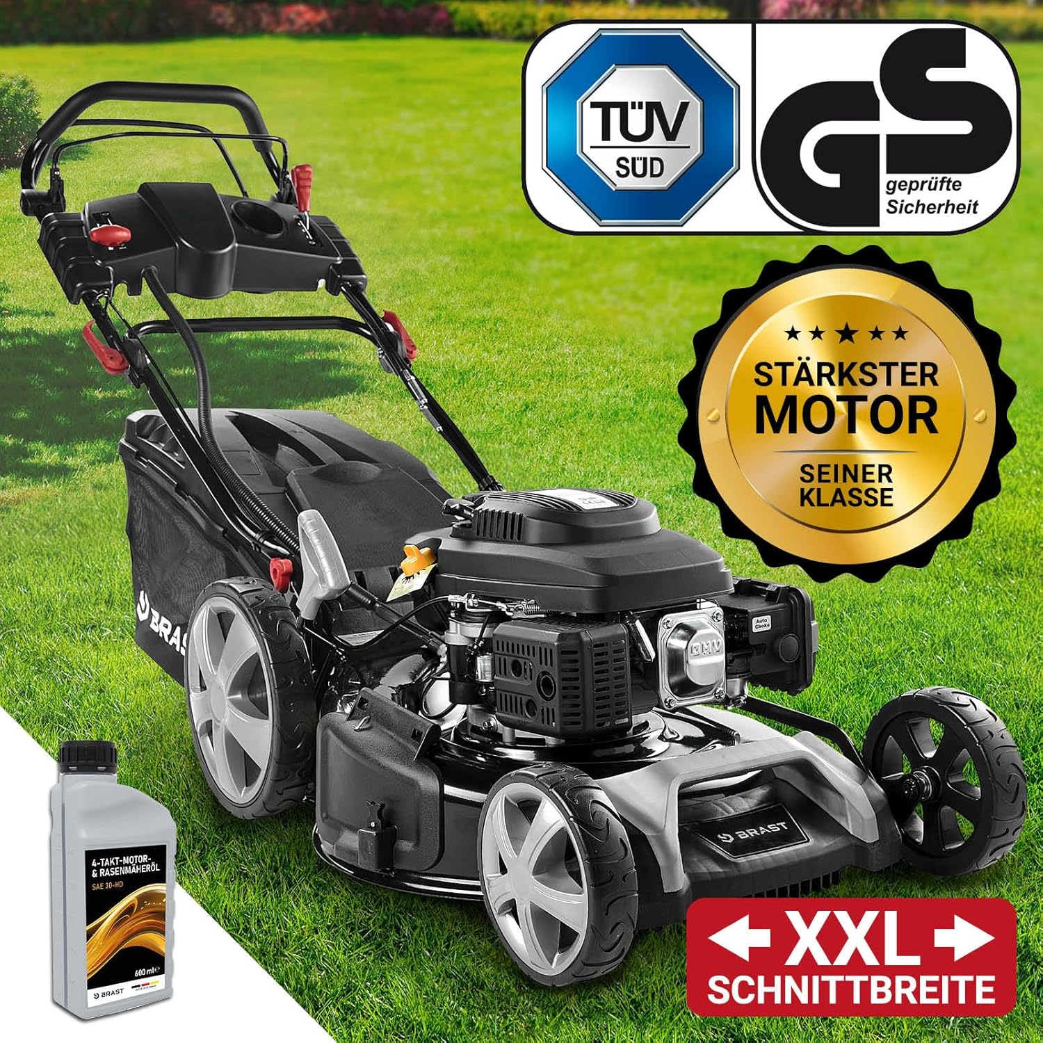 BRAST Benzin Rasenmäher mit Antrieb | 5,2kW (7PS) | 55cm Schnittbreite | viele Modelle | TÜV | 30-80mm Schnitthöhe | 60L Fangkorb | 4 Takt OHV Motor | Stahlgehäuse | Power