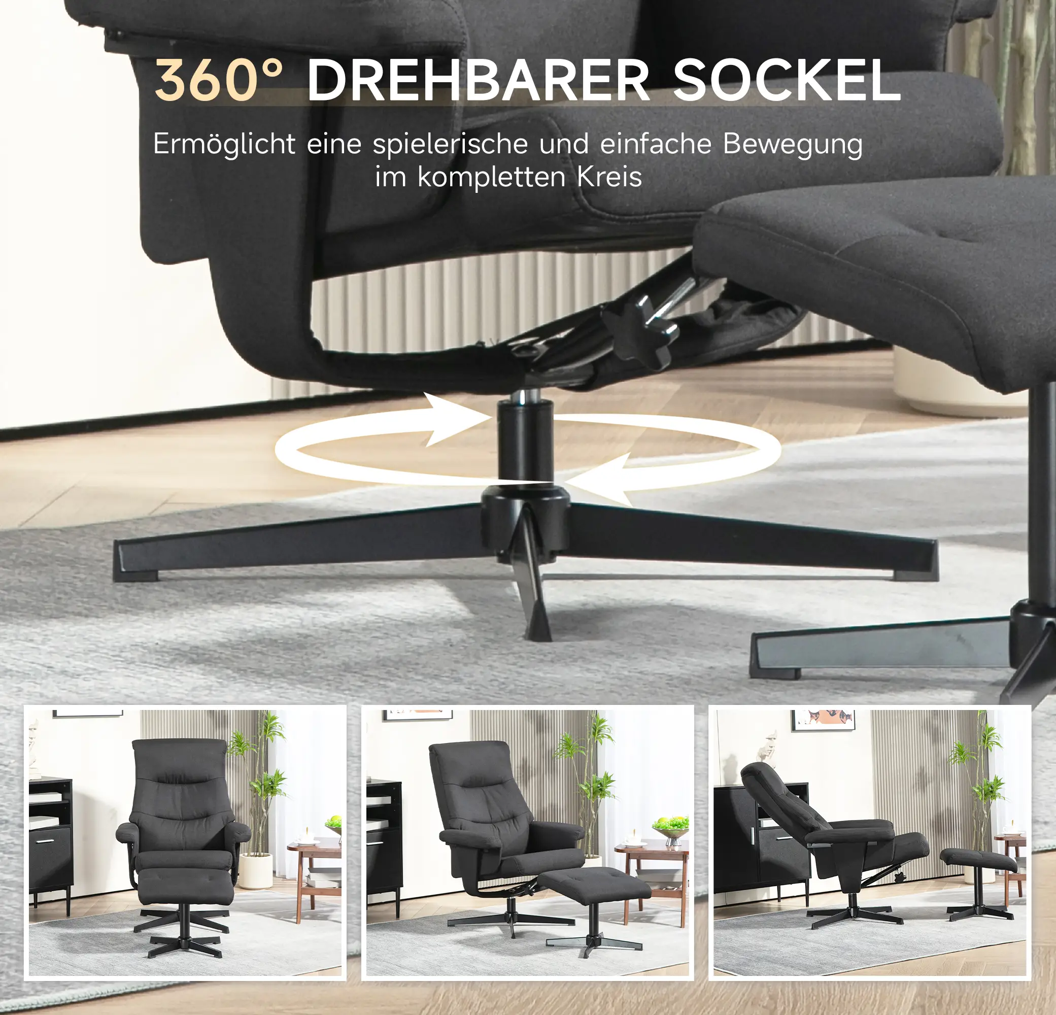 HOMCOM Relaxsessel mit Hocker & Liegefunktion Schwarz