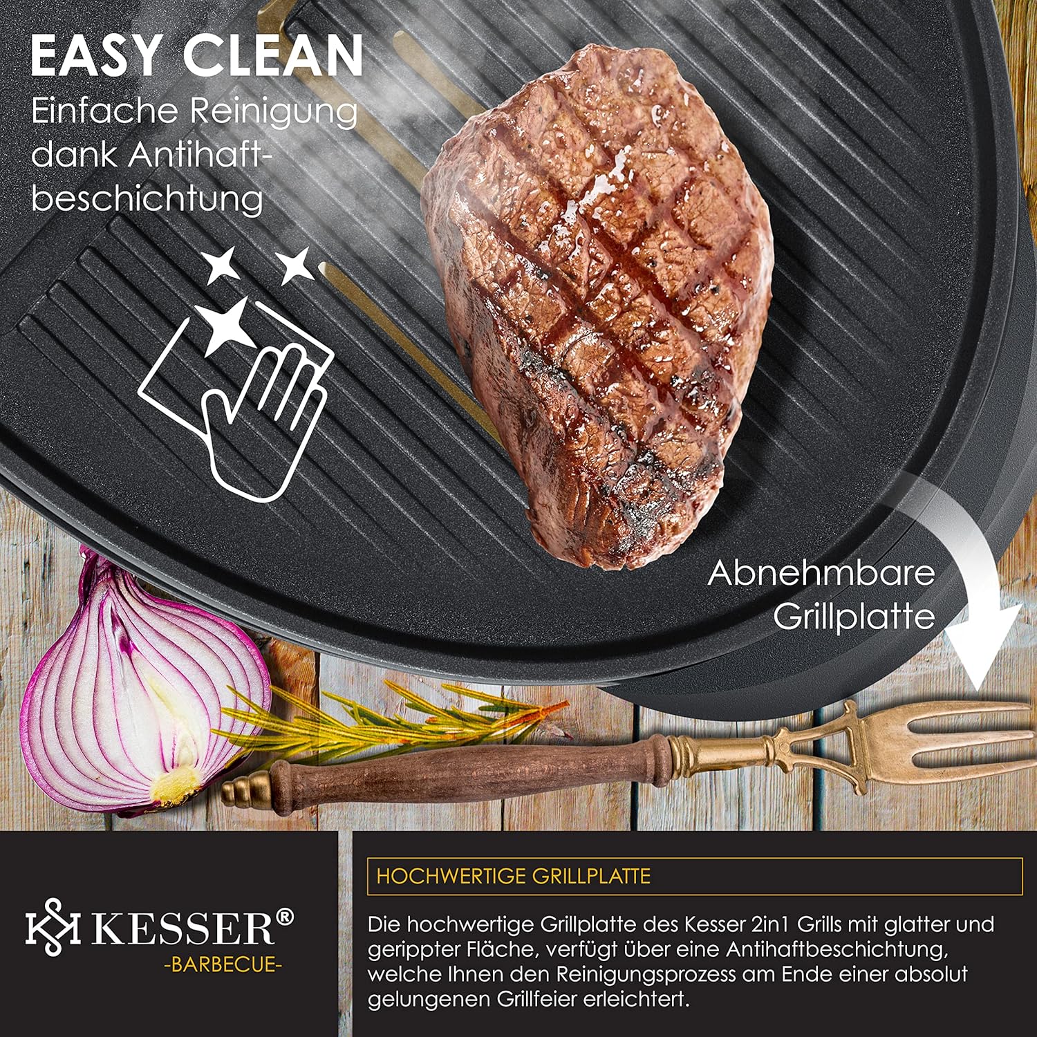 KESSER elektrischer Elektrogrill 2in1 Tischgrill - Standgrill mit Deckel und Standfuß | max. 2400 Watt | Faltbar | Thermostat | Antihaftbeschichtung | Grillplatte Abstelltische | 2 Räder |