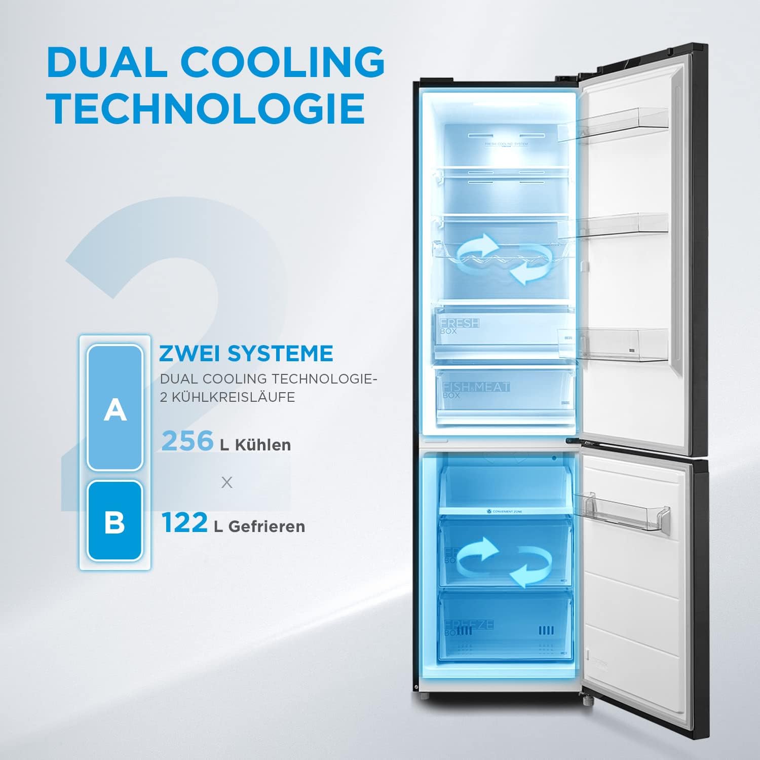 Midea MDRB521MGA28O Kühl-/Gefrierkombination/NoFrost/Inverter Kompressor/Metal Cooling/Niedrigtemperaturzone/180° Verstellbare Gefrierfach-Schublade/201 cm hoch/256 L Kühlteil/122 L Gefrierteil