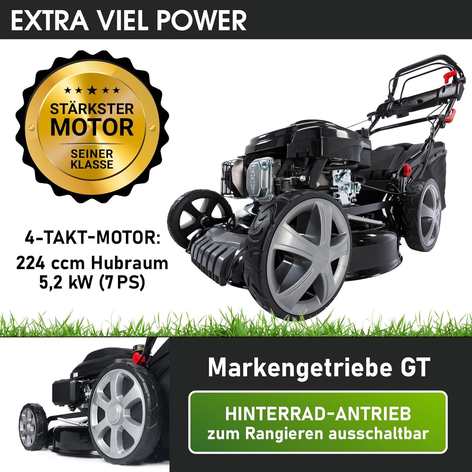 BRAST Benzin Rasenmäher mit Antrieb | 5,2kW(7PS) | Elektrostart | 48cm Schnittbreite | viele Modelle | TÜV | 4 Takt OHV Motor | 30-80mm Schnitthöhe | 60L Fangkorb | Stahlgehäuse | 19224 ESTART Speed