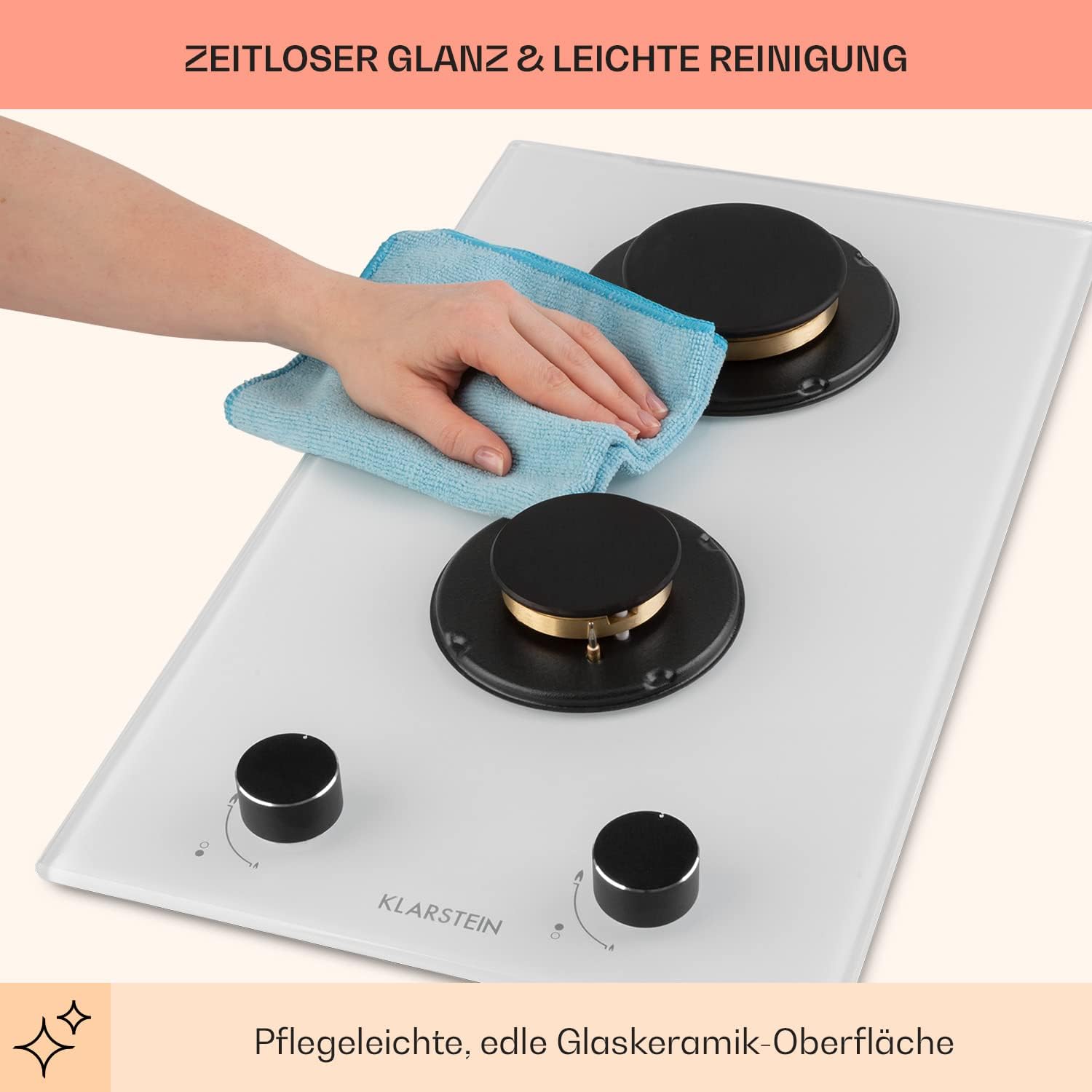 Klarstein Gasherd, Gaskochfeld 4 Flammig, Einbau-Gaskocher für Zuhause & Wohnmobil, Campingkocher mit Glasplatte, Gasherd für Propan- und Erdgas, Edelstahl Gas-Herdplatte Wok Brenner 8000 Watt