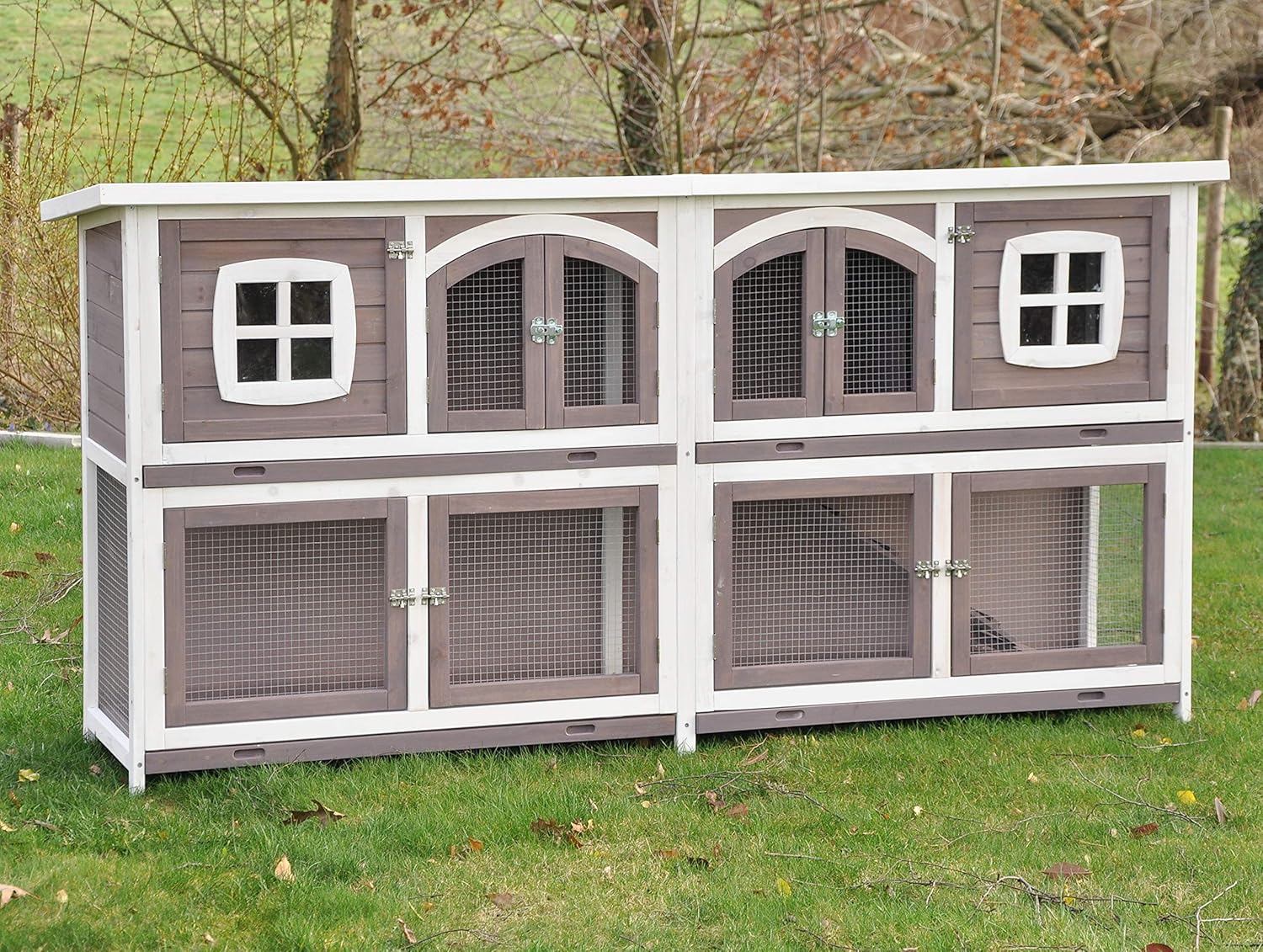 nanook Murmel XXL Doppel Kaninchenstall Hasenstall - doppelstöckig - wetterfest - 211 x 52 x 107 - Farbe: Taupe/Weiss - extra großes Kaninchengehege