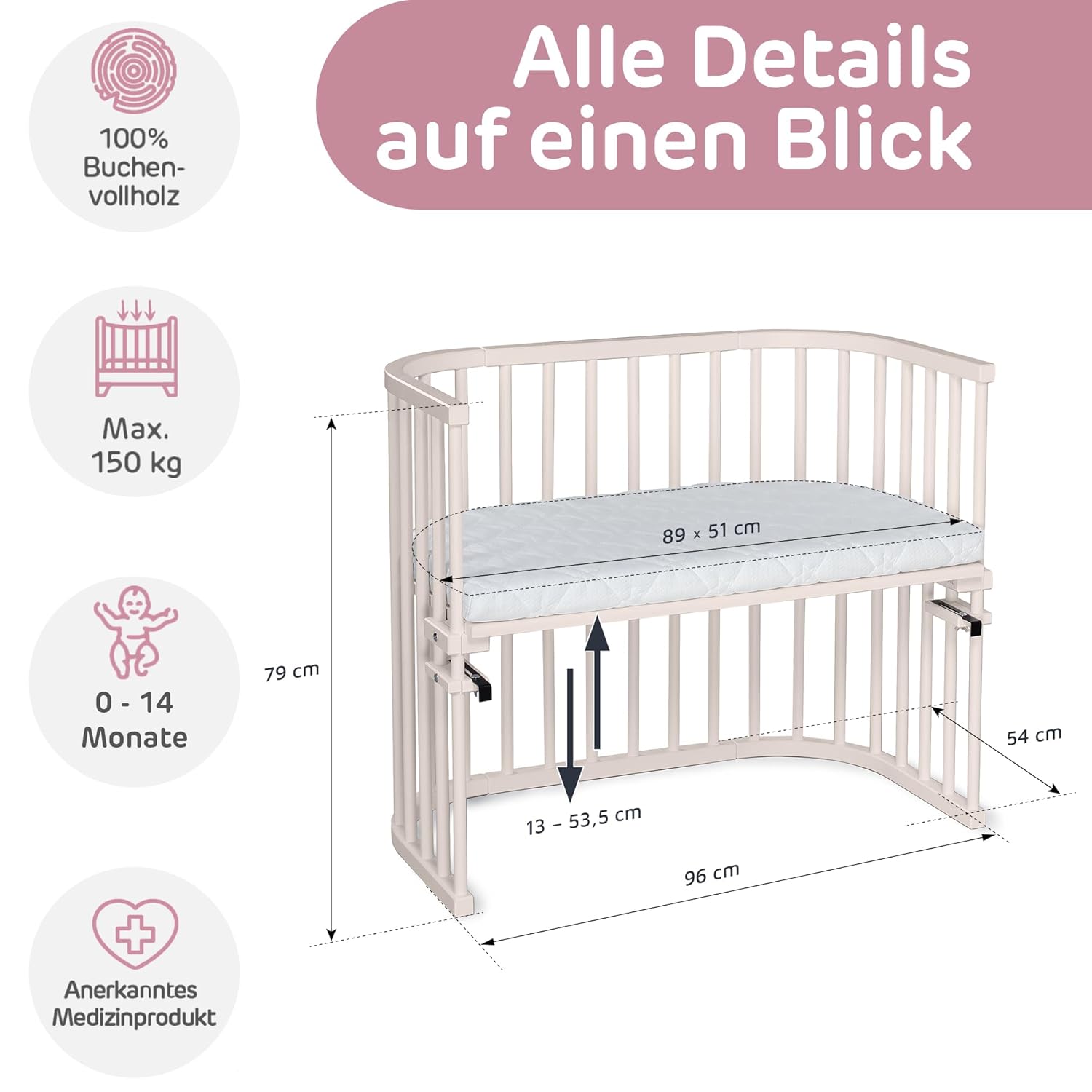 babybay Original Beistellbett aus massivem Buchenholz / kompakt & verwandelbar / Kinderbett Höhe stufenlos verstellbar & umweltfreundlich / mitwachsendes Babybett (weiß lackiert) / inkl. Matratze