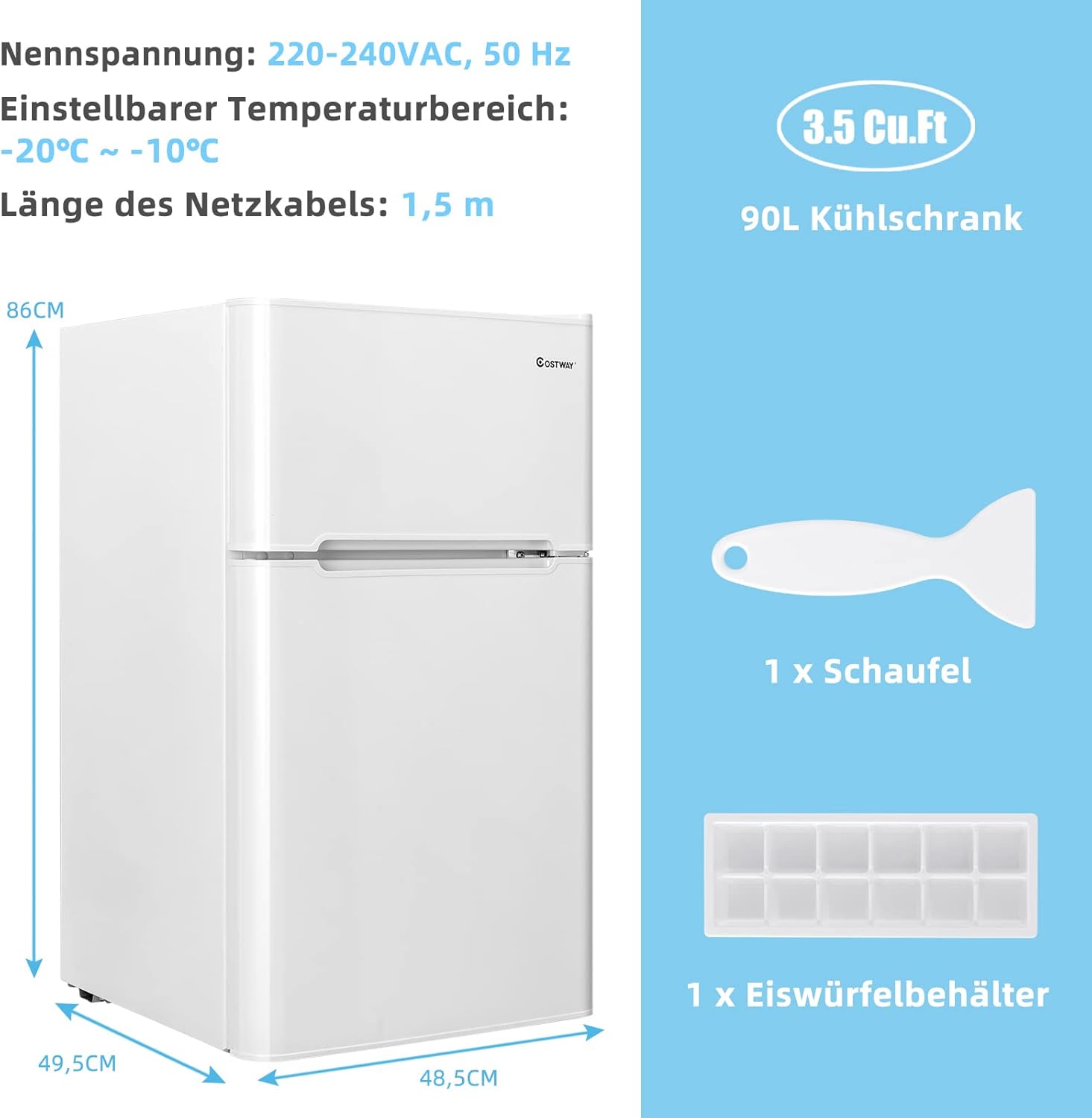 COSTWAY 90L Kühlschrank mit 27L Gefrierfach Kühl-Gefrier-Kombination Standkühlschrank Gefrierschrank mini Kühlschrank (weiß)