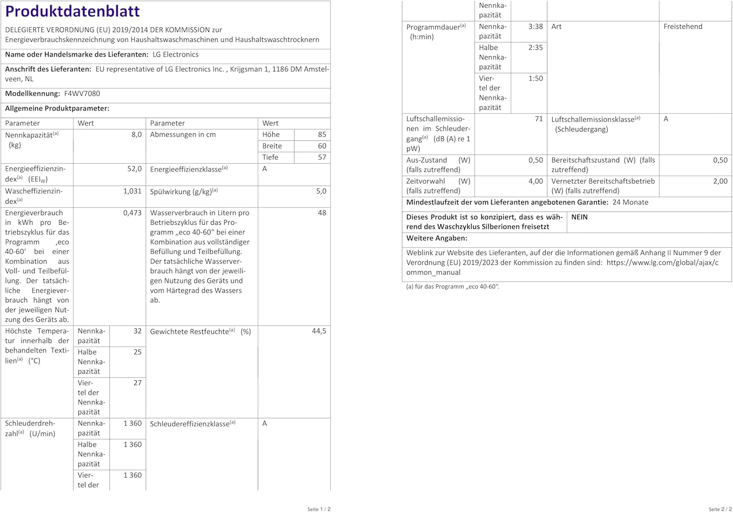 LG F4WV7080, Klasse A, Frontlader-Waschmaschine 8 kg, 1400 U/Min, AI Direct Drive, Wi-Fi, Tiefenreinigung mit Dampf, Groe Kapazitt, TRIPLE A, Auentür aus Sicherheitsglas, 62 x 60 x 85 cm  Wei