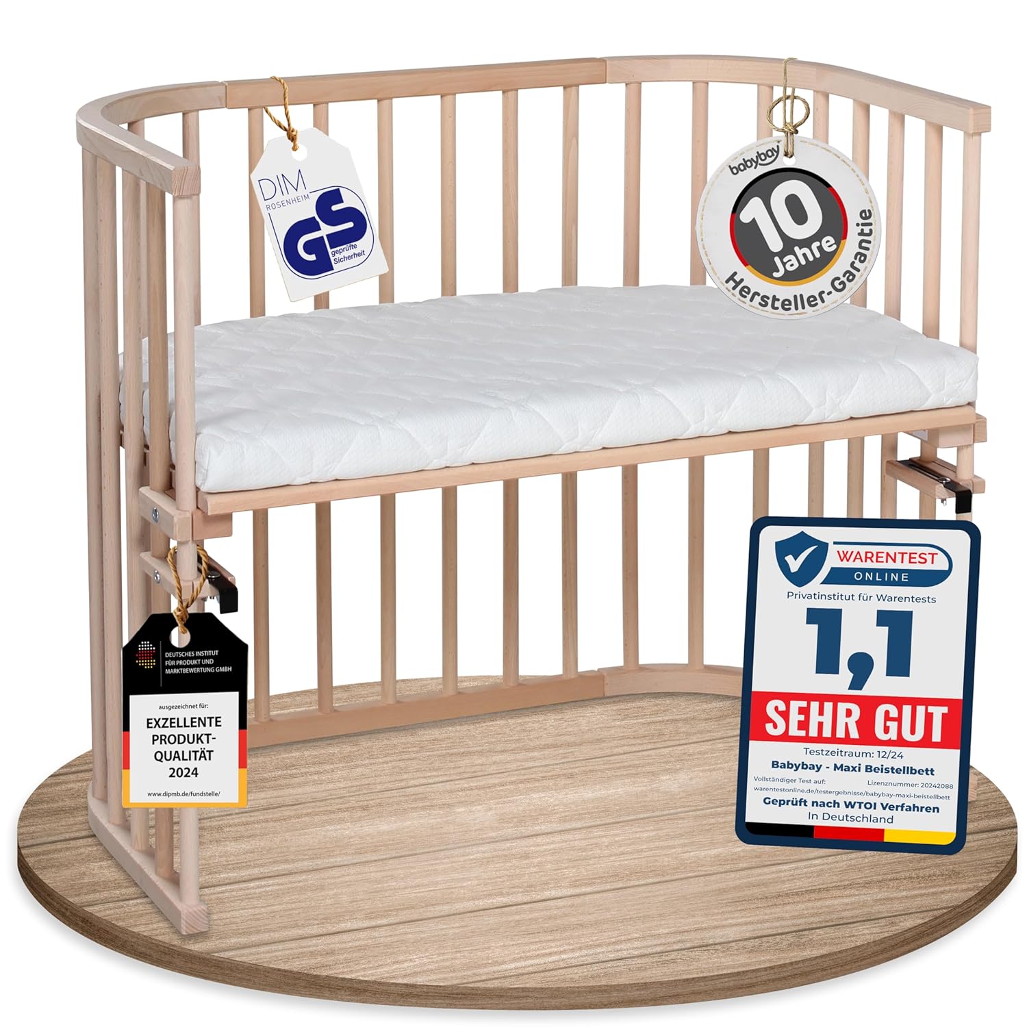 babybay Original Beistellbett aus massivem Buchenholz / kompakt & verwandelbar / Kinderbett Höhe stufenlos verstellbar & umweltfreundlich / mitwachsendes Babybett (weiß lackiert) / inkl. Matratze