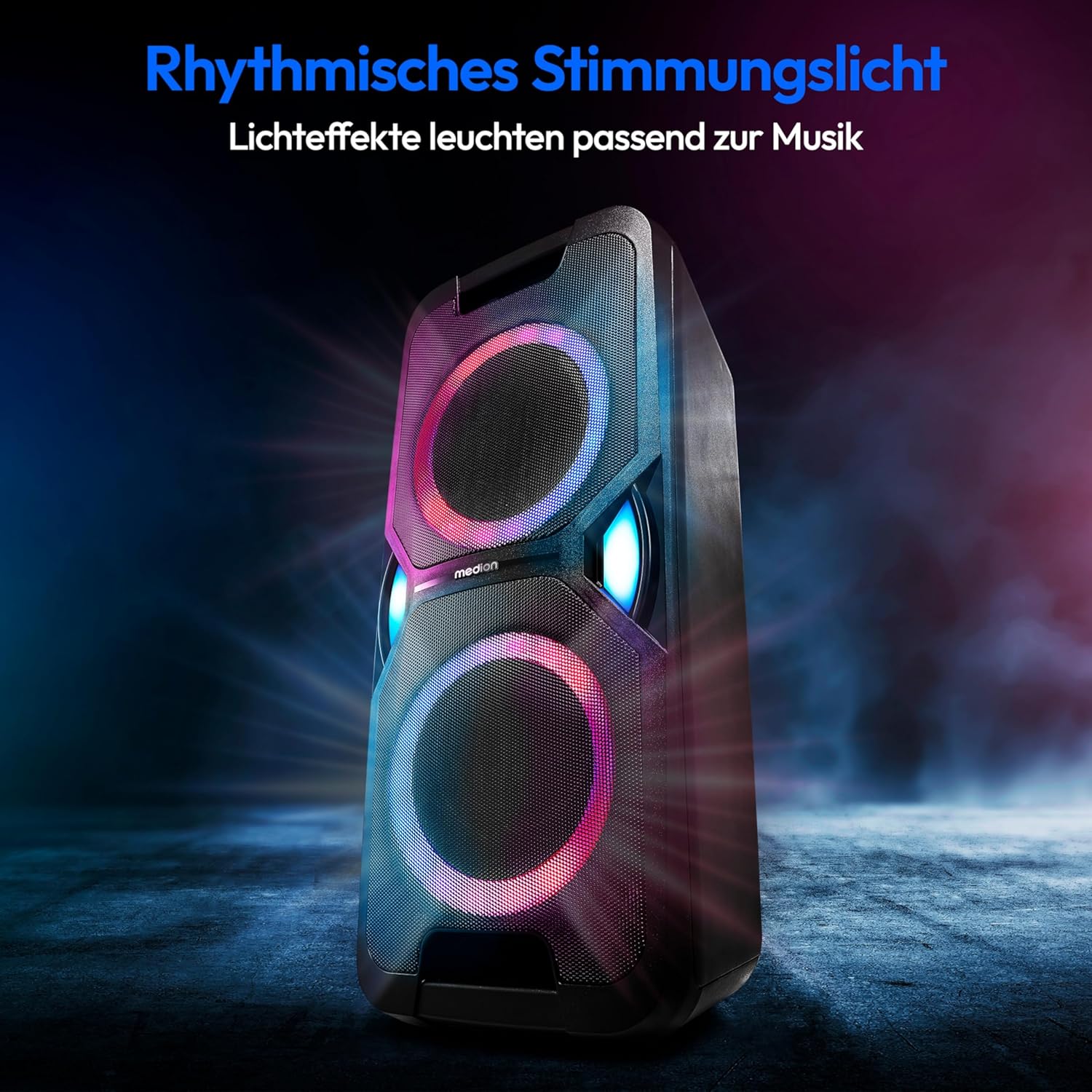 MEDION P61468 Party-Soundsystem (Partylautsprecher inkl. Mikrofon, Karaoke, Akku, UKW Radio, Bluetooth 5.0, Kompaktanlage, 2X 220 Watt, Farbige LED, USB, AUX, 2X Mikrofonanschluss)