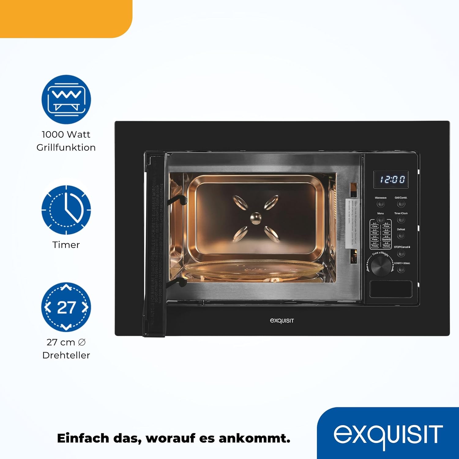 Exquisit Einbaumikrowelle EMW10-020 inox | 800 W Leistung | Kinderleichte Bedienung | Einfacher Einbau | Timer | Drehteller 27cm | Mikrowelle 60 cm | Einbaugerät | Edelstahl