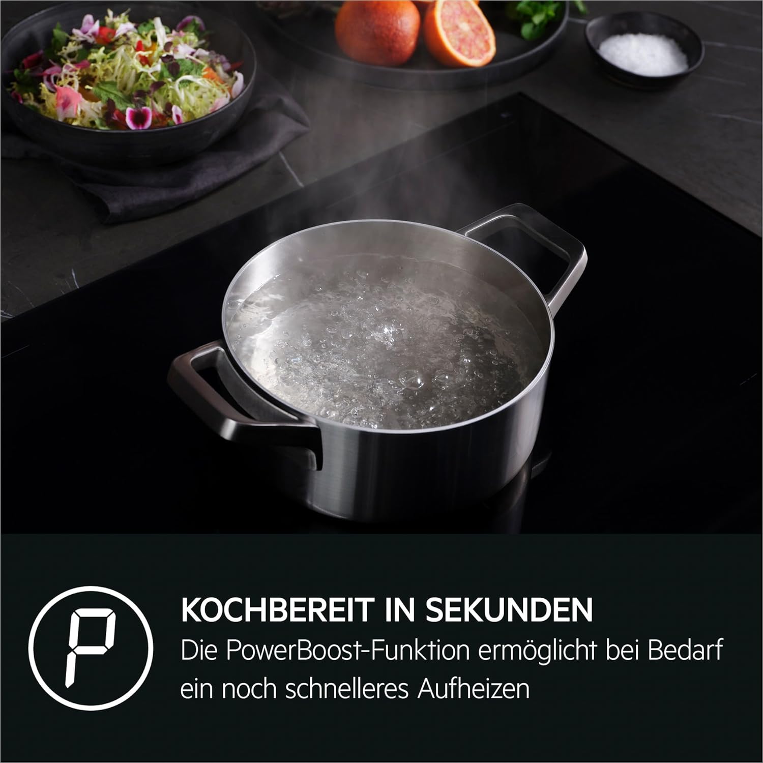 AEG IKE84441XB Autarkes Kochfeld / Herdplatte mit Touchscreen, Topferkennung & Hob²Hood-Funktion / Induktionskochplatte / 4 Kochzonen / Edelstahlrahmen / 80 cm Schwarz