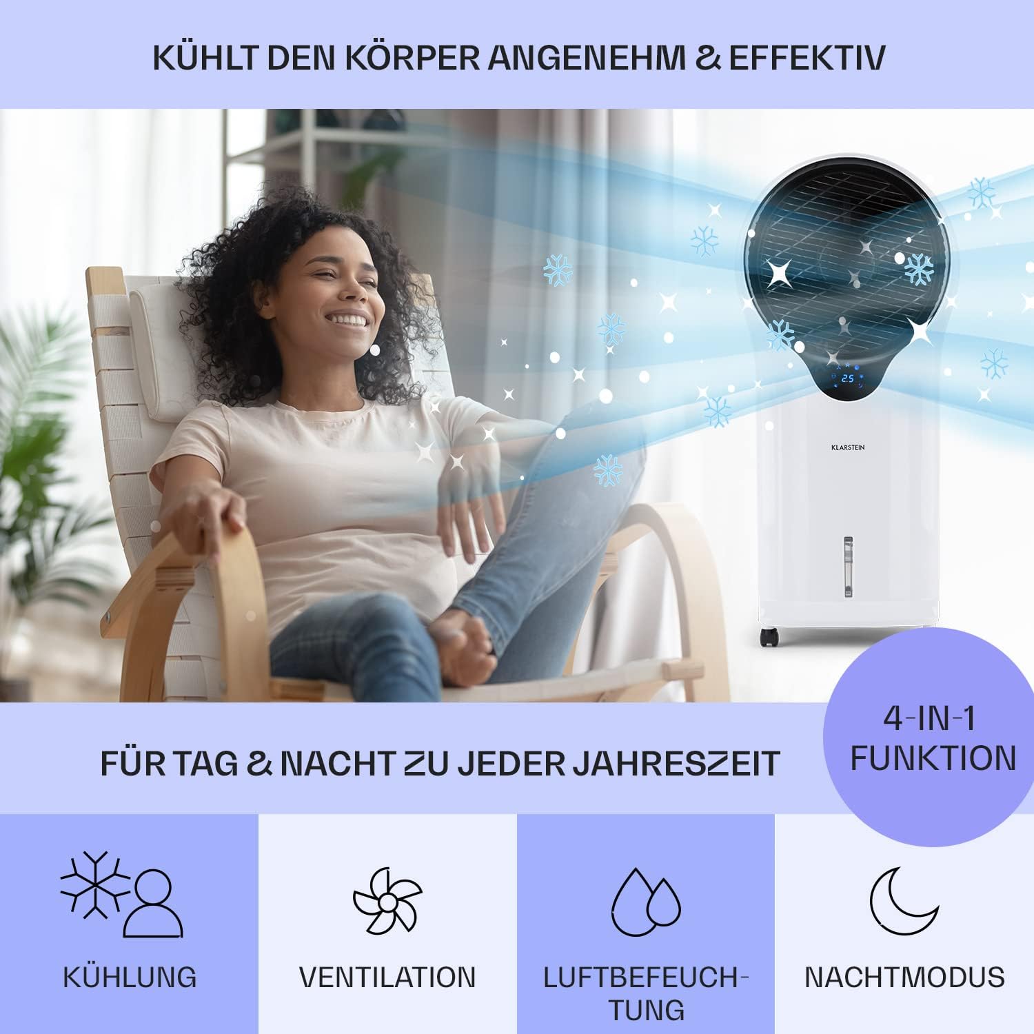 Klarstein Luftkühler mit Wasserkühlung, 3-in-1 Verdunstungskühler, Luftbefeuchter & Ventilator, Mobile Klimageräte Luftkühler mit 5,5L Tank, 90W Air Cooler mit Nachtmodus, 1600m³/h Luftstrom