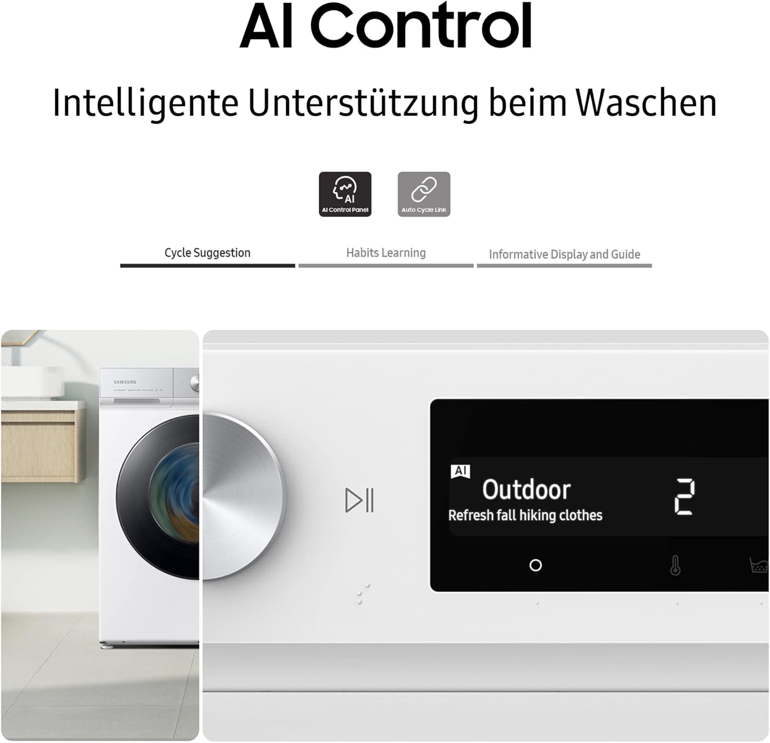 Samsung WW90T504AAWCS2 Waschmaschine, 9 kg, 1.400 U/min, Extra energiesparend, EEK: A (-10 %), AI Ecobubble, AI Control, SmartThings App und AI Energy Mode, Hygiene-Dampfprogramm, Weiß
