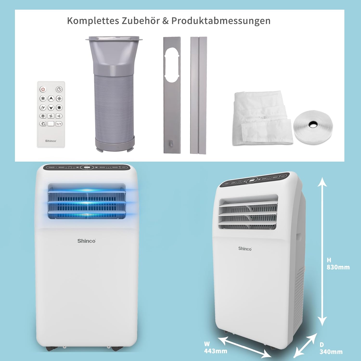 SHINCO Mobile Klimaanlage mit Abluftschlauch, 12000BTU, Kühlung&Heizung&Ventilieren&Entfeuchten, Mobiles Klimagert mit Fenstermontage-Kit, 24H-Timer, APP, für Rume von etwa 90m