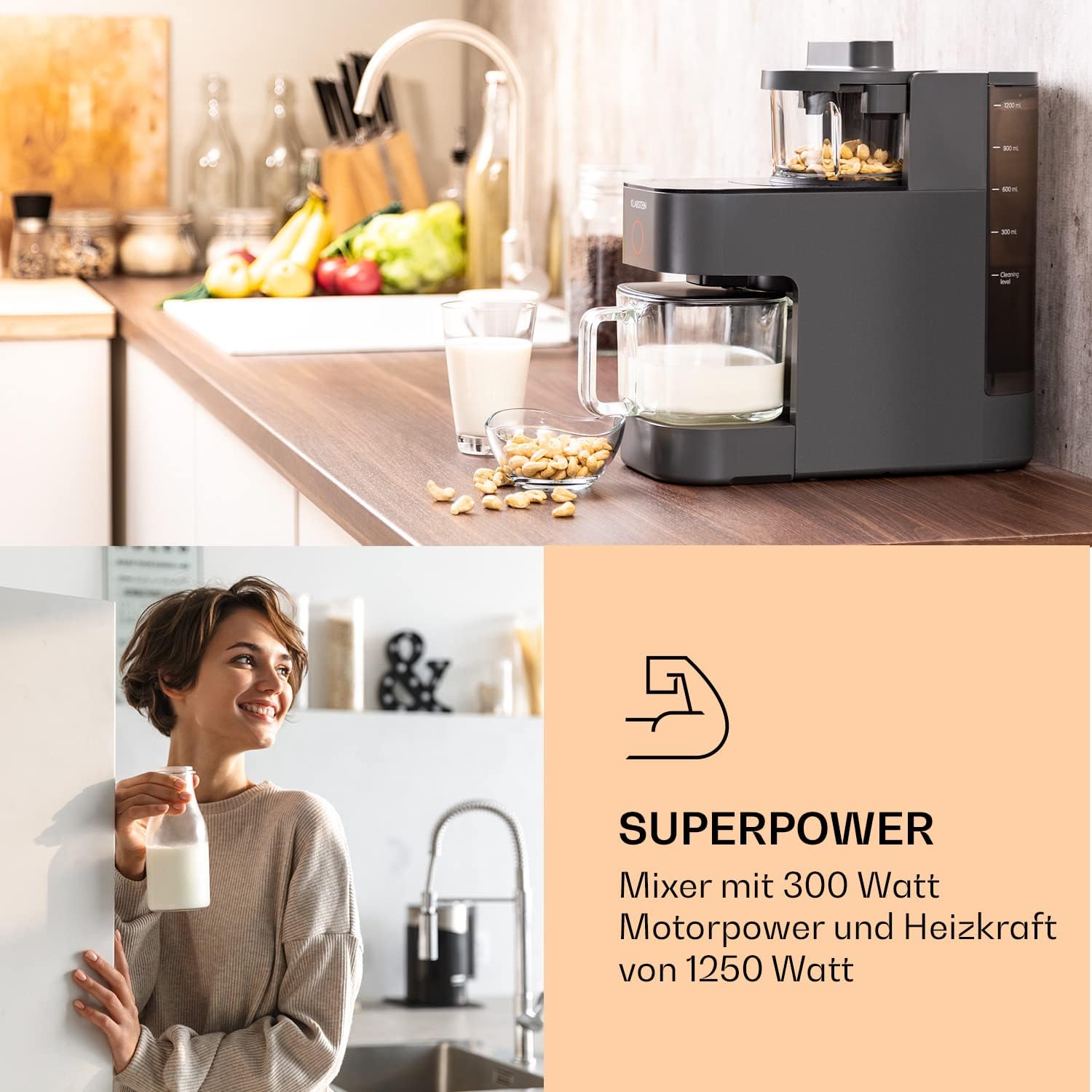 Klarstein Mixer, Standmixer mit 300 Motor- und 1250 Watt Heizleistung, Hochleistungsmixer für Pflanzenmilch Zubereitung, Smoothie Mixer mit 360° Heiztechnologie, 30.000 U/min, Touchscreen, Schwarz