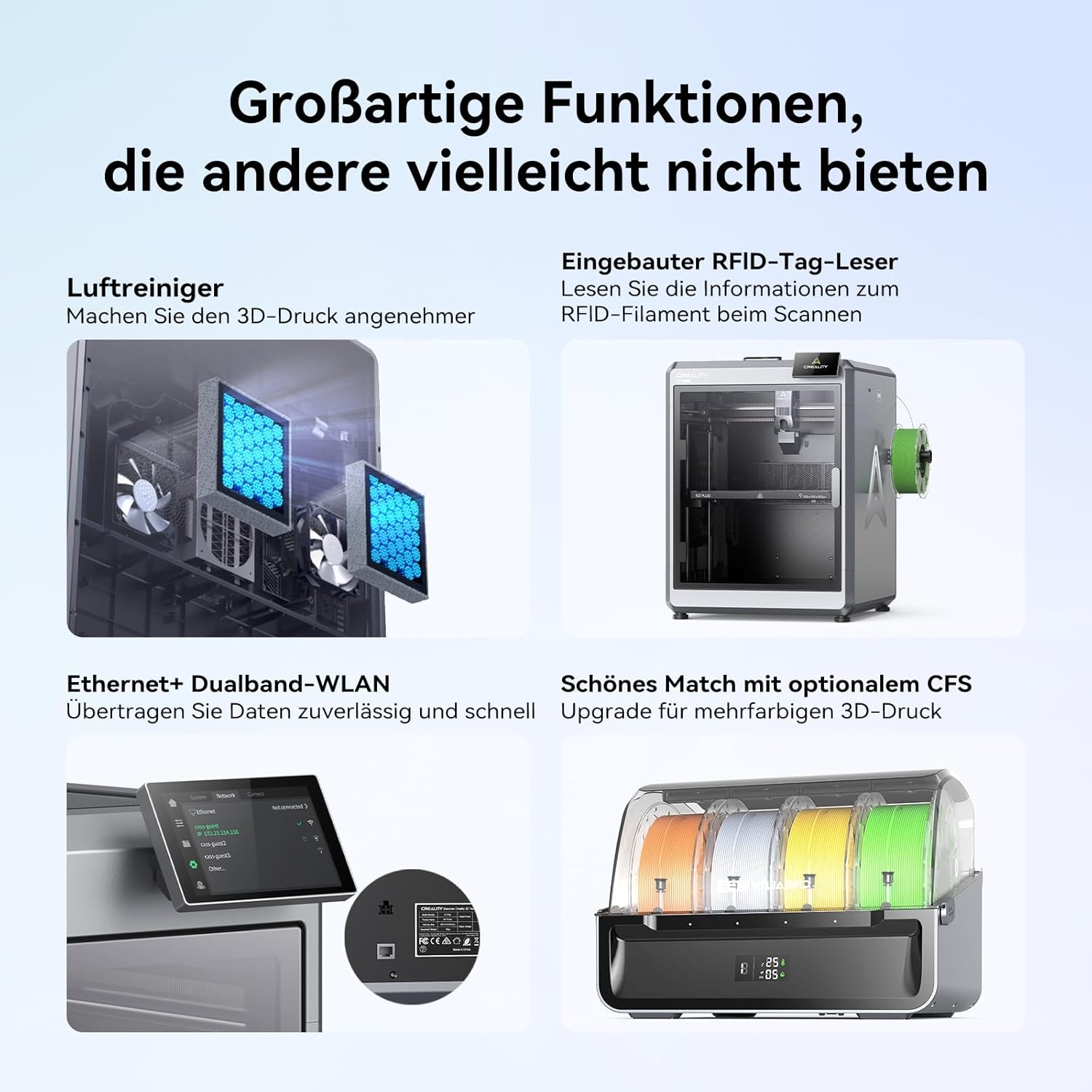 Creality K2 Plus Combo 3D-Drucker, 16-Farben Multimaterial-Druck, 350³mm XXL-Bauraum, Servo-Direktantrieb, Dual-KI-Kameras, Ultra-Leise <45dB, Aktive Heizkammer, RFID/WLAN (Industrie 4.0)
