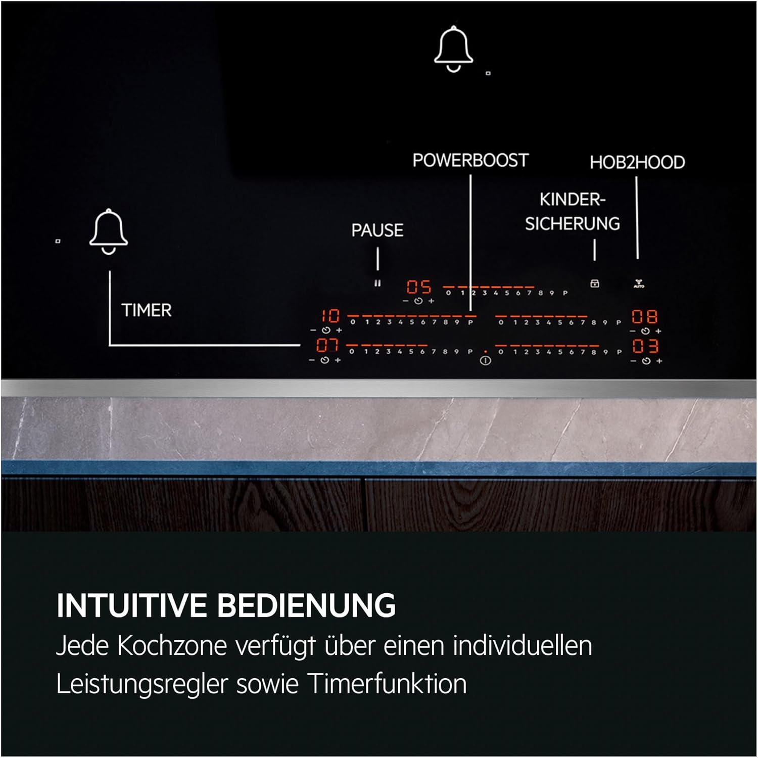 AEG IKE84441XB Autarkes Kochfeld / Herdplatte mit Touchscreen, Topferkennung & Hob²Hood-Funktion / Induktionskochplatte / 4 Kochzonen / Edelstahlrahmen / 80 cm Schwarz