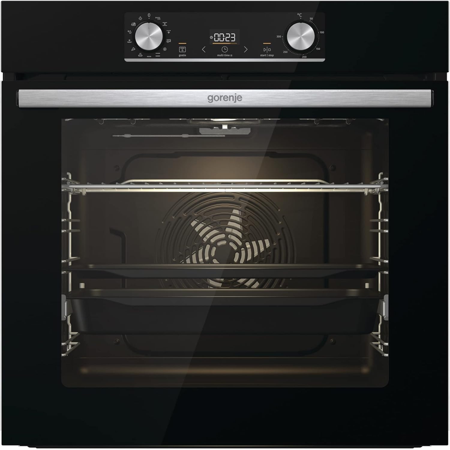 Gorenje 738971 Einbaubackofen-Set OptiBake Black Steam Pyro Set / 77L / Heißluft/Pyrolyse/ExtraSteam/GentleClose/AirFry/Pizzamode 300°C/PerfectGrill/Induktions-Kochfeld mit BridgeZone/schwarz