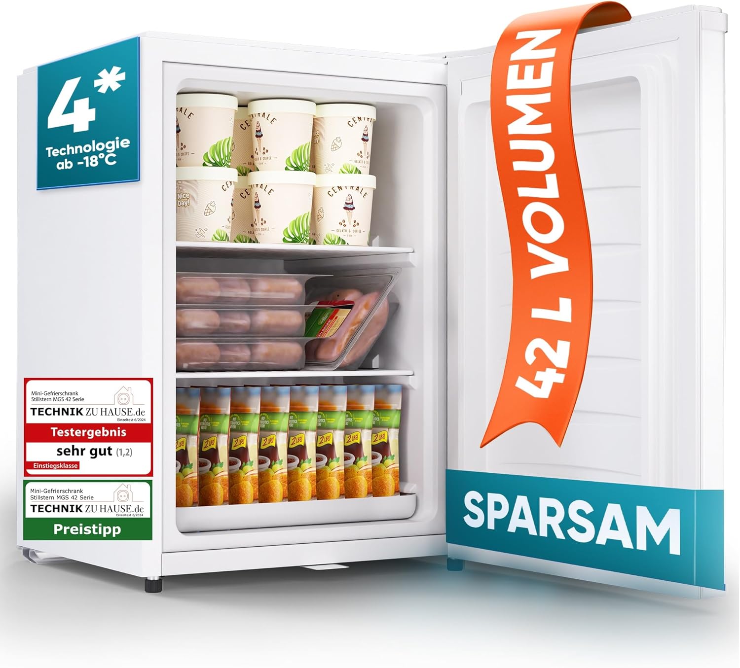 Stillstern Mini Gefrierschrank (42L) -18°C, Eiswürfelschale, Schloss, Türanschlag wechselbar, 4-Sterne Tiefkühlschrank für Camping/Büro Gefriertruhe Klein Gefrierschrank Klein Tiefkühltruhe