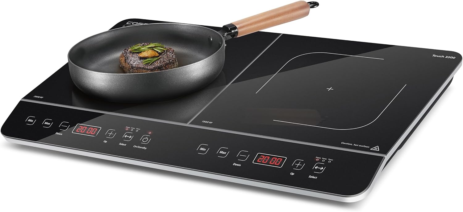 CASO Touch 3500 Induktionskochplatte doppelt mobil, Sicherheitsschalter, 60-240°C, 6 Stufen, Timer 180 Min., Tpfe bis 26 cm, 3500 Watt, Glaskeramik