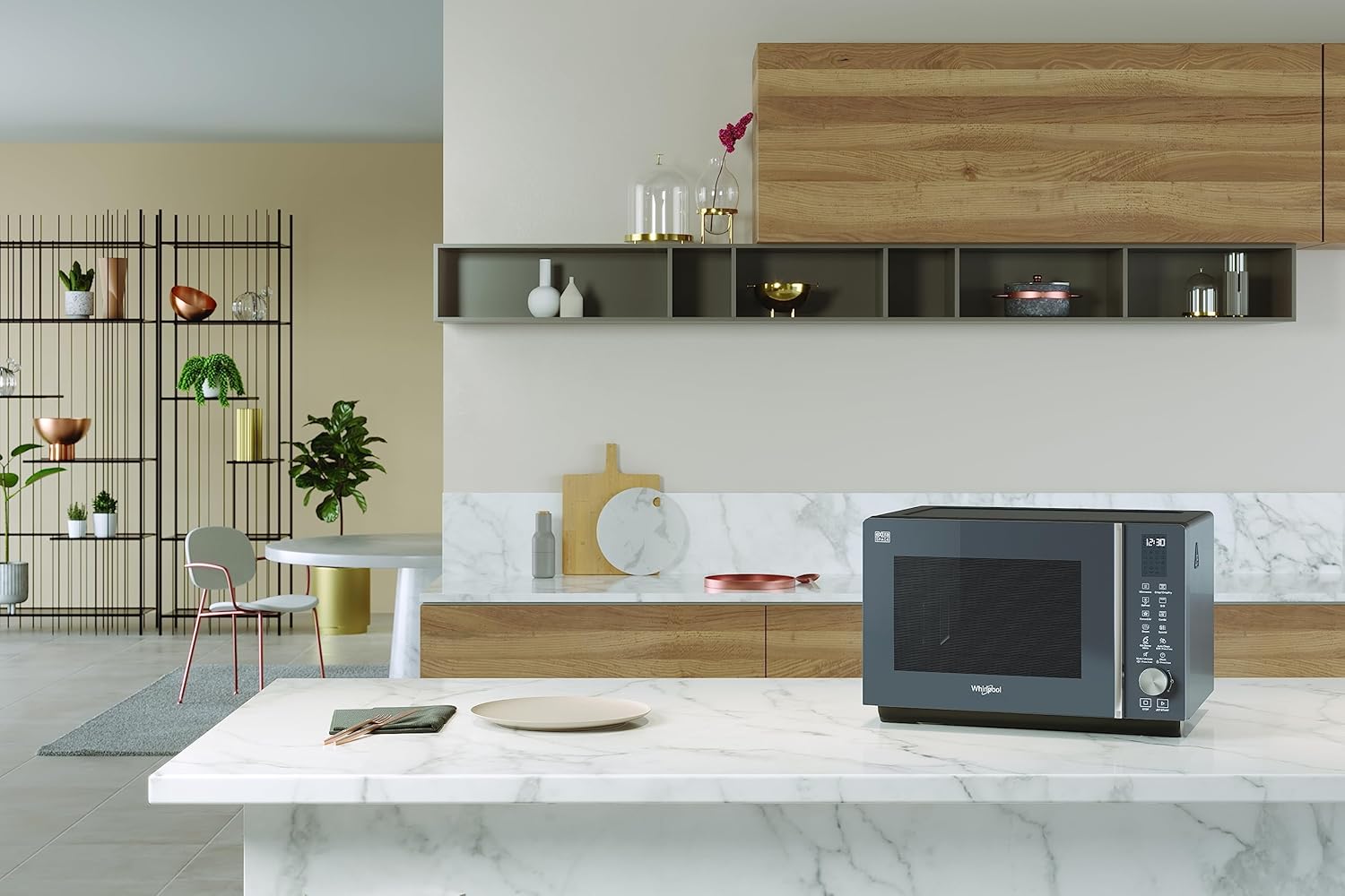 Whirlpool MWF 259 SG – Freistehende Mikrowelle – Abmessungen 46,8 cm x 49 cm x 32,5 cm. Mikrowelle 25 Liter mit Leistung 800 W Mikrowelle und 1300 W Grill, Grau Schatten, Mikrowelle ohne Teller.