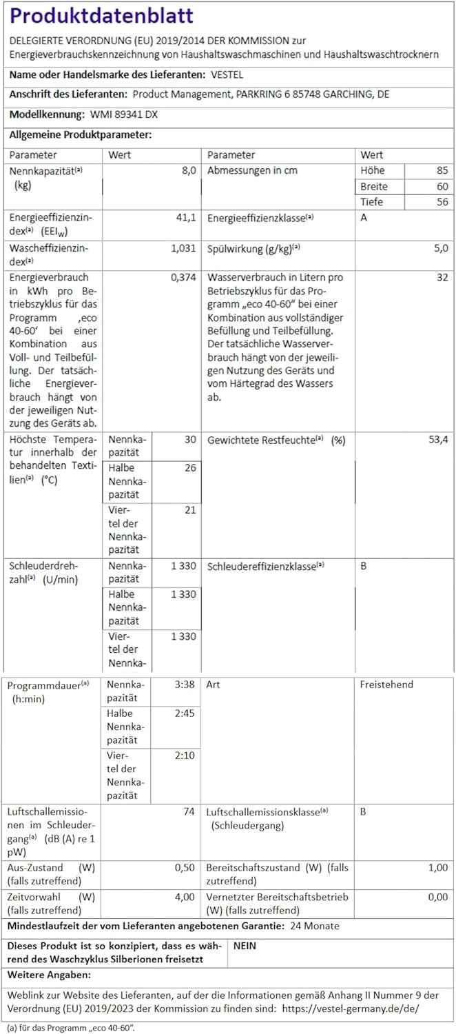 VESTEL WMI 89341 DX Waschmaschine Frontlader, 8 kg, 1400 U/min, Inverter-Motor, Dampf, AquaStop+Switch, Dark Inox