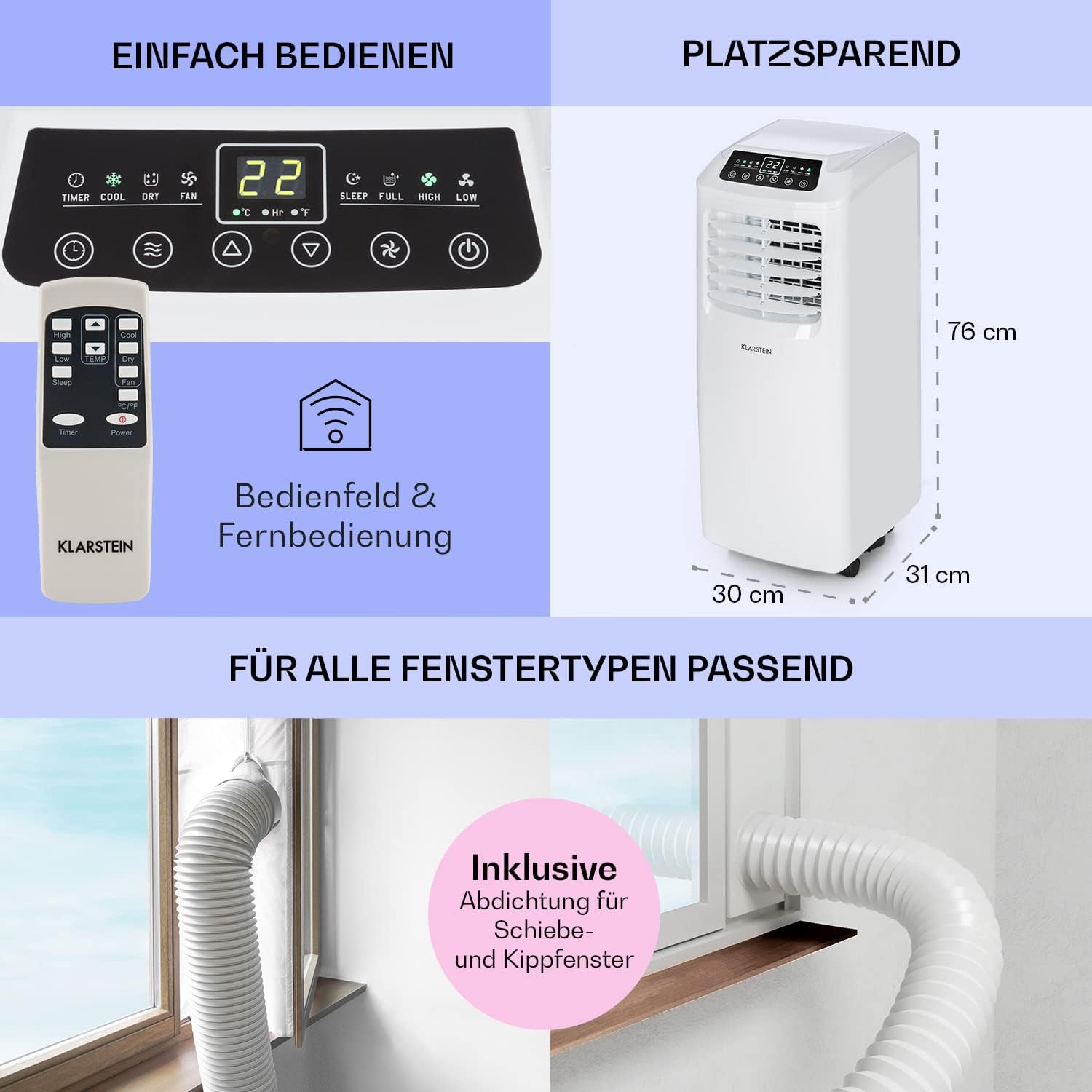 Klarstein Klimaanlage, 4-in-1 Klimagerät, Entfeuchter, Ventilator & Nachtmodus, Mobile Klimaanlage mit Abluftschlauch, App-Steuerung, Air Conditioner für Räume bis 44 m², 9000 BTU, Weiß