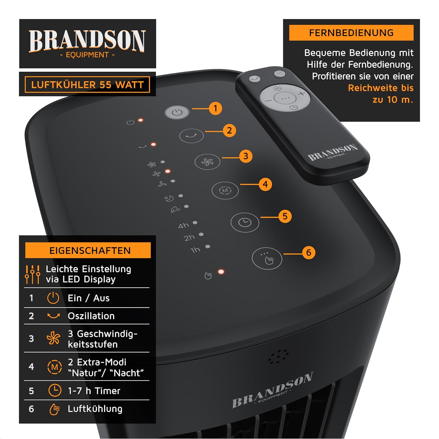 Brandson - Luftkühler mit Wasserkühlung 5 in 1 - Verdunstungskühler, Luftbefeuchter, Ventilator & Luftreiniger, mobile Klimaanlage ohne Abluftschlauch - Preisträger 2025 - leise - 5L Wassertank