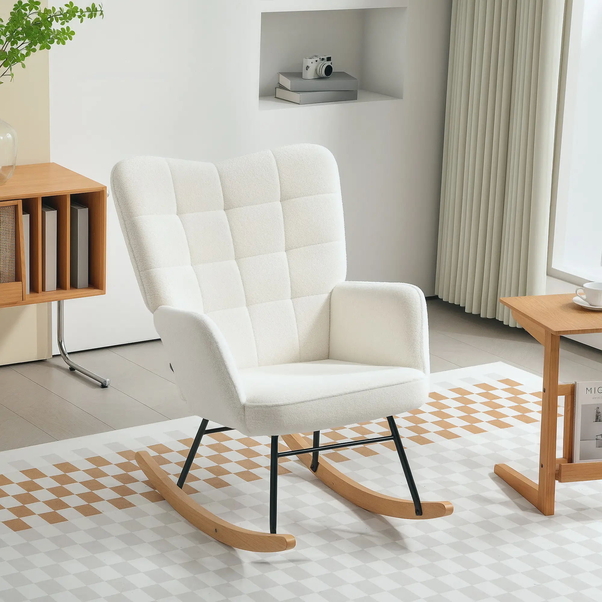 HOMCOM Schaukelstuhl Berbervliesoptik Holzkufen Weiß Entspannung